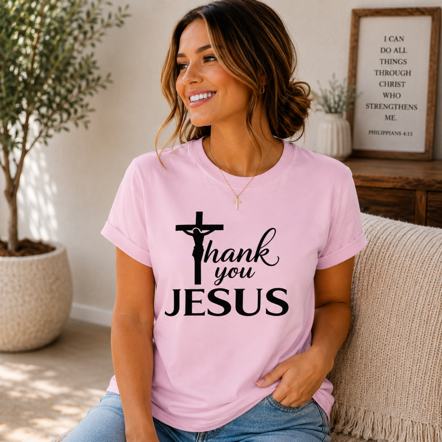 Lavender Christian T-shirt with black cross and “Thank you JESUS” front print