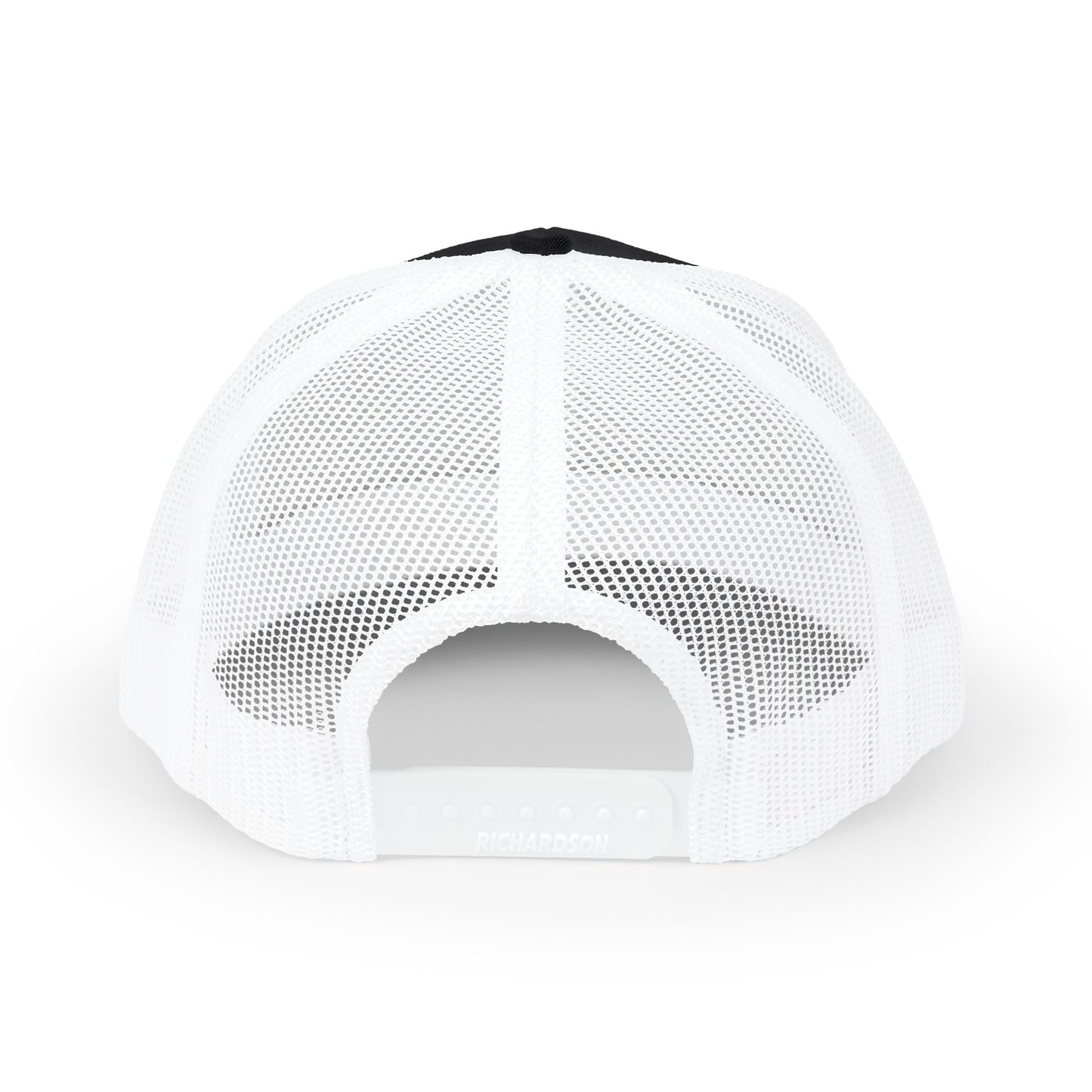 White mesh trucker snapback cap with curved brim and rear opening