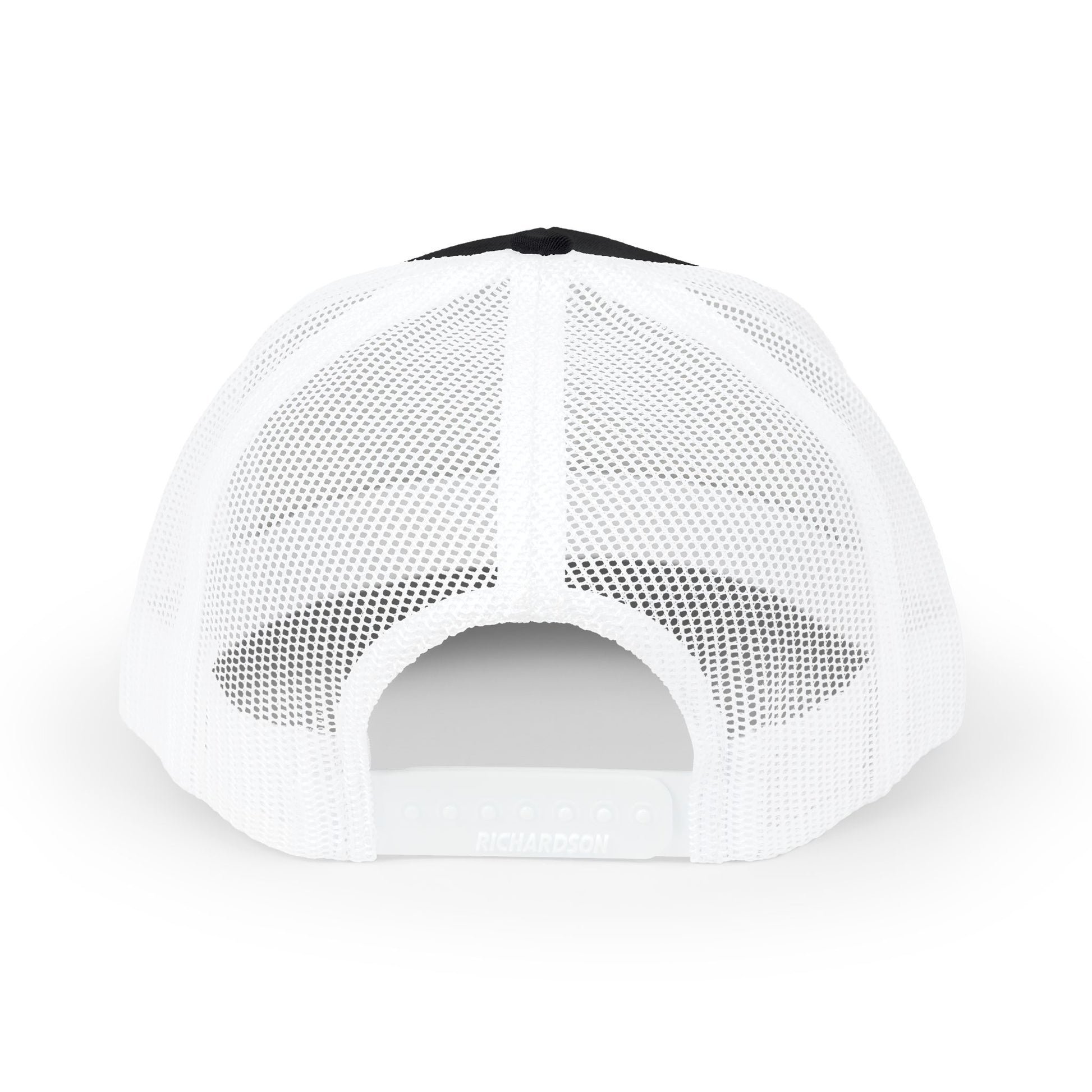 White mesh trucker snapback cap with curved brim and rear opening