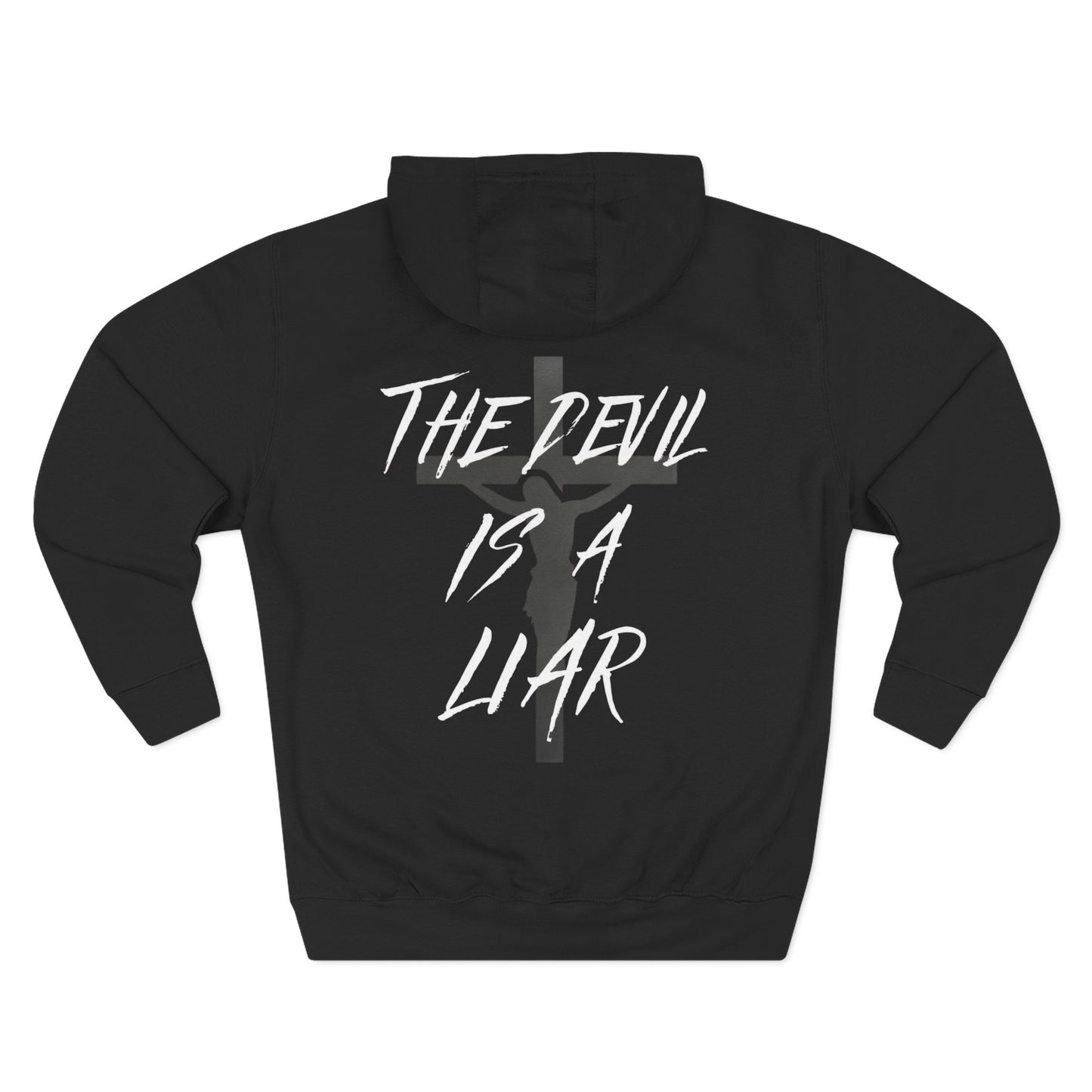 Black hoodie with hood; back print “THE DEVIL IS A LIAR”