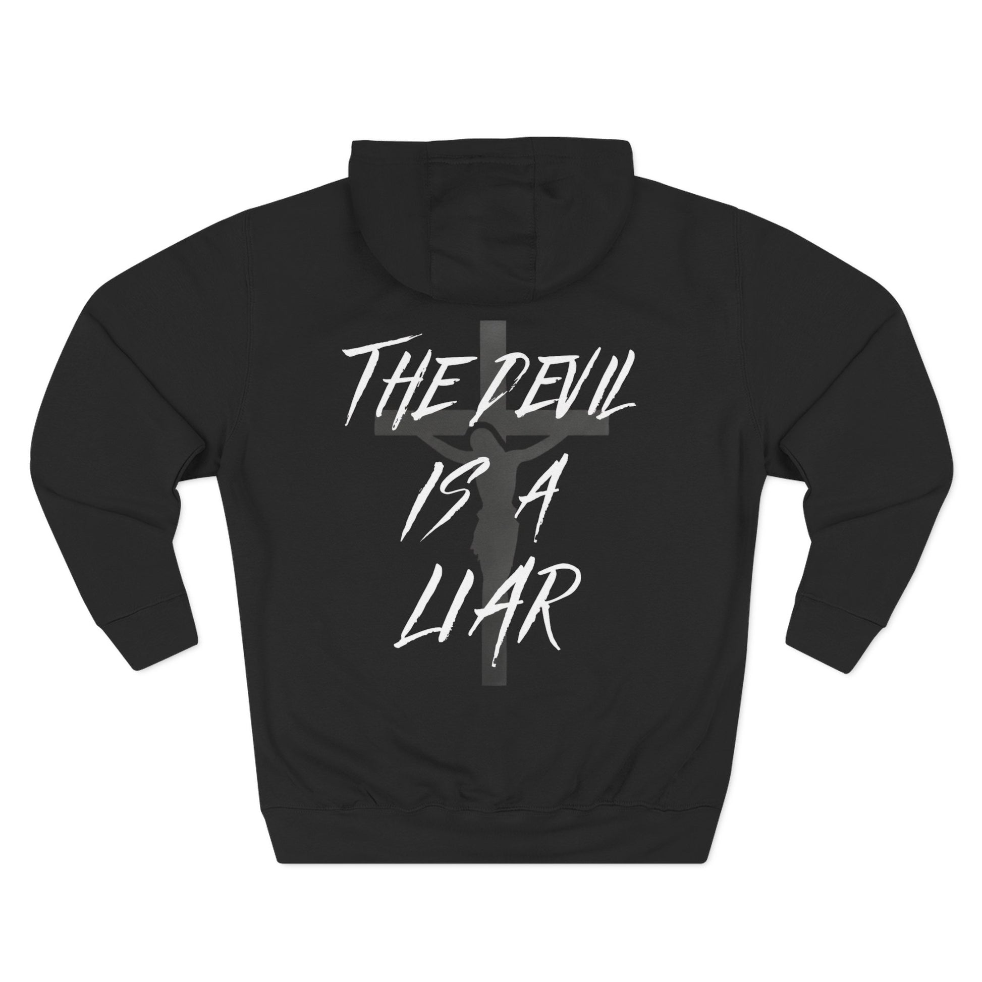 Black hoodie with hood; back print “THE DEVIL IS A LIAR”