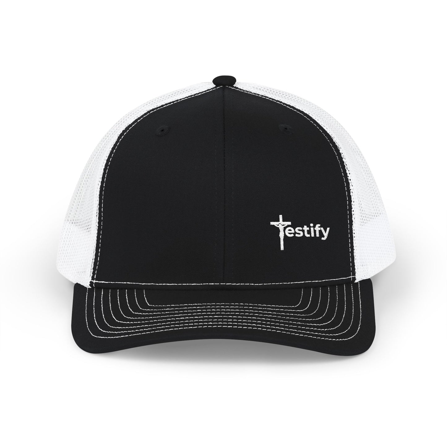 Black and white cross trucker snapback cap with curved brim and front logo