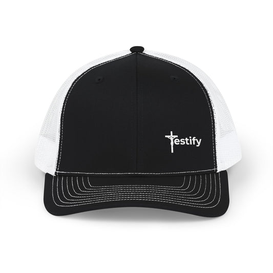 Black and white cross trucker snapback cap with curved brim and front logo