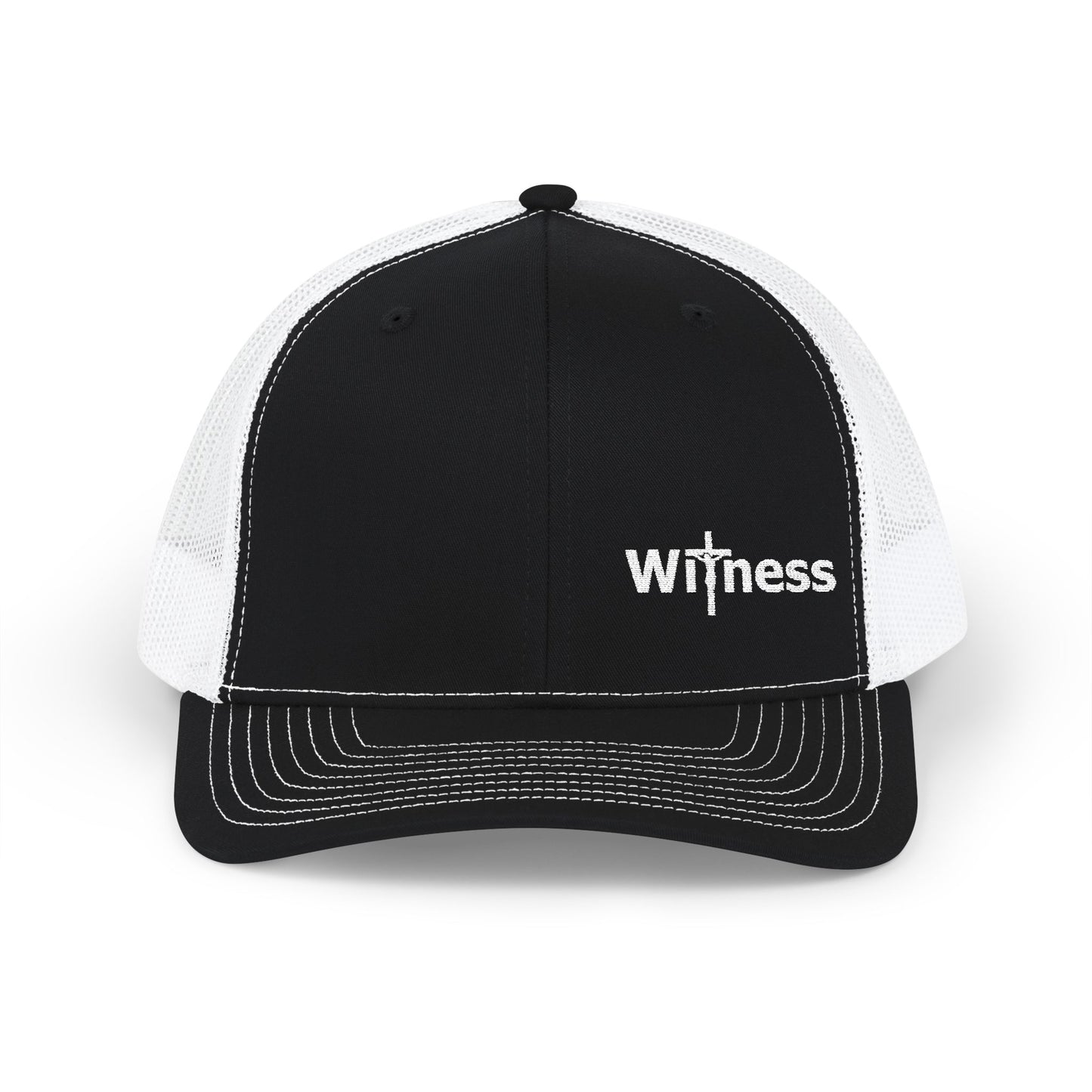 Black front trucker hat with white mesh back and embroidered “Witness” logo