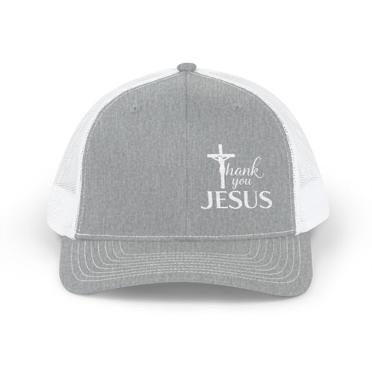 Heather grey trucker snapback cap with white mesh sides and “Thank you Jesus” graphic