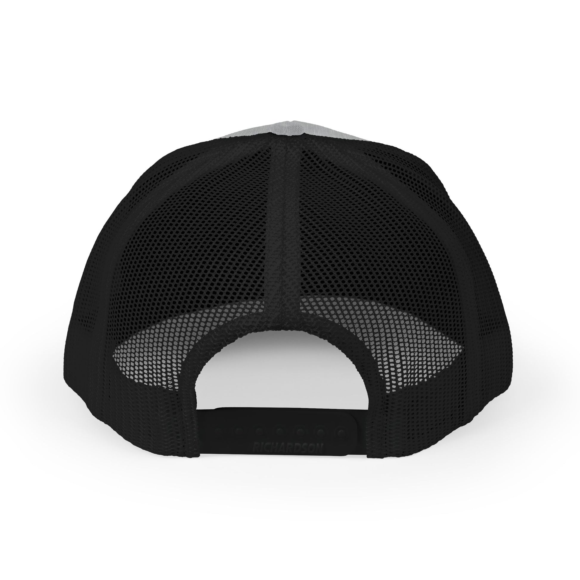 Black trucker hat with mesh back and snapback closure