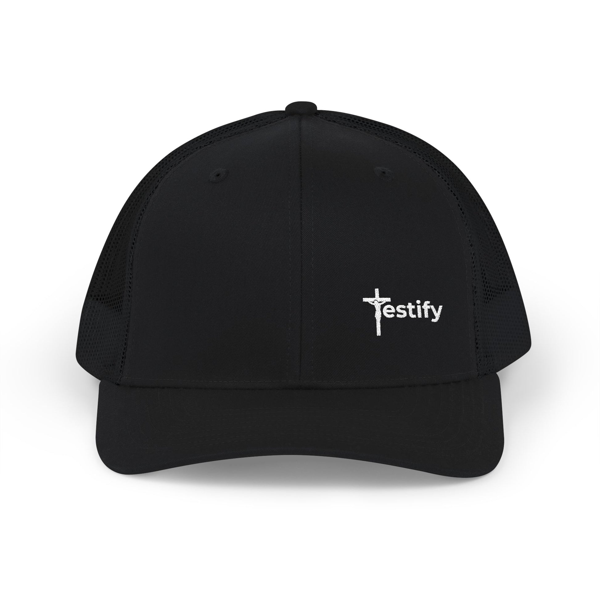 Black cross trucker snapback cap with curved brim and front logo