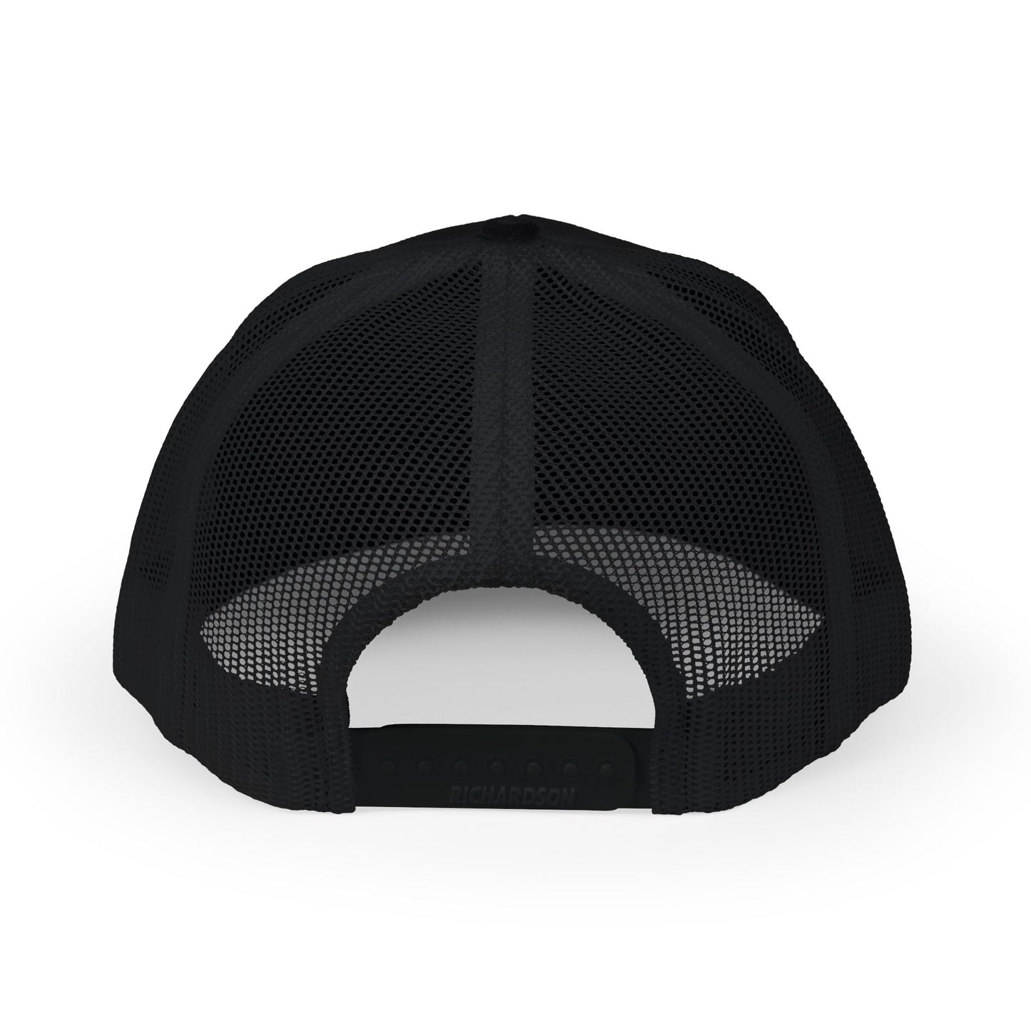 Black mesh trucker hat with curved brim and no visible front embroidery