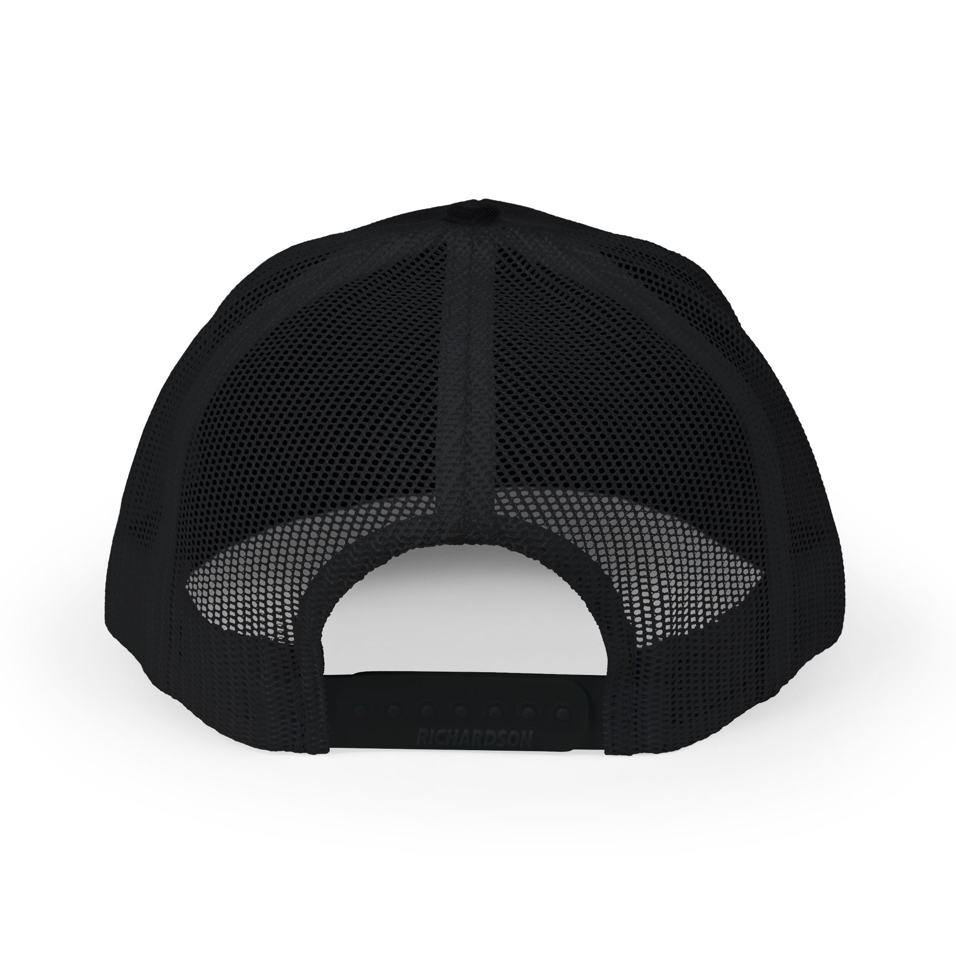 Black mesh trucker hat with curved brim and no visible front embroidery