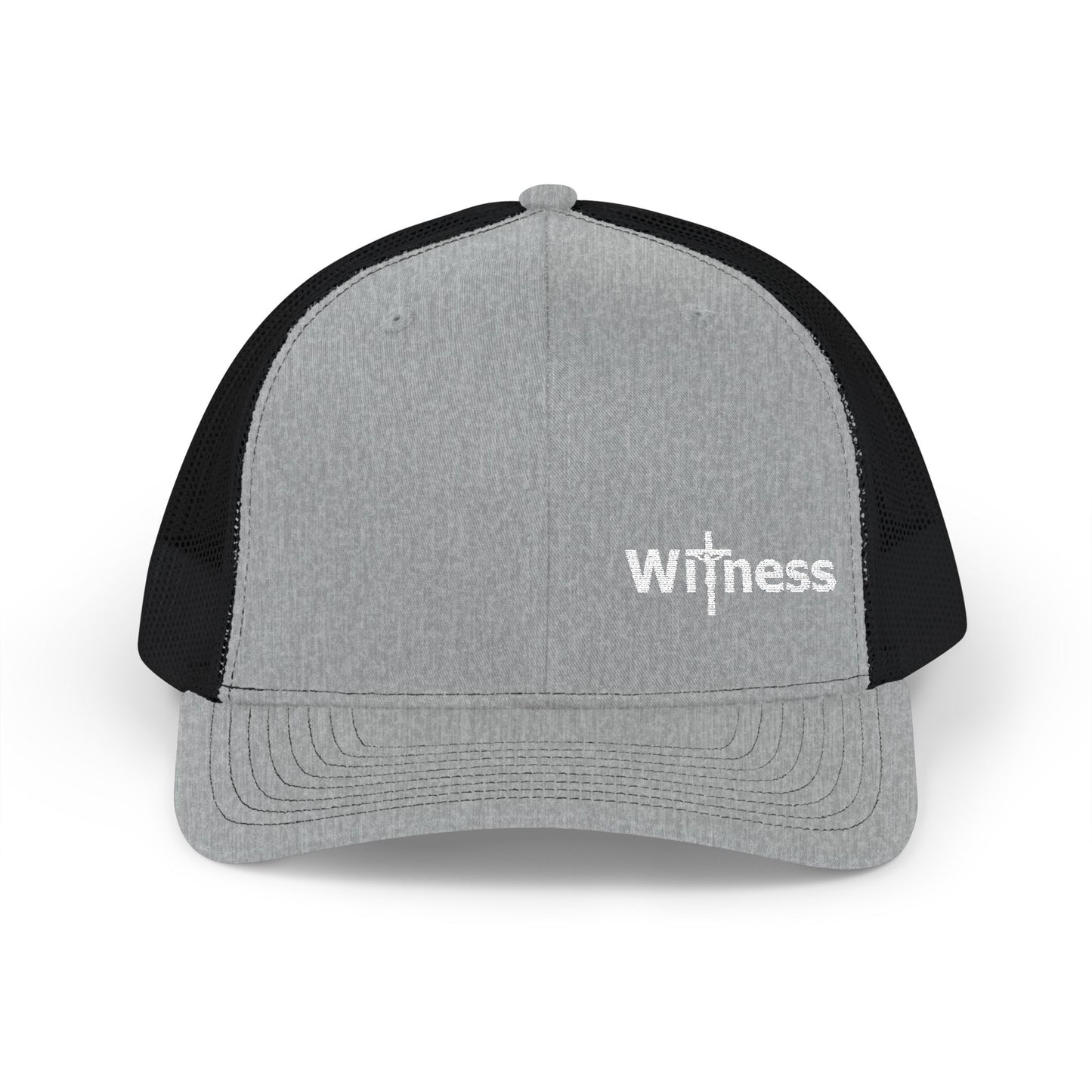 Two-tone trucker hat with grey front, black mesh back, and embroidered “Witness” logo