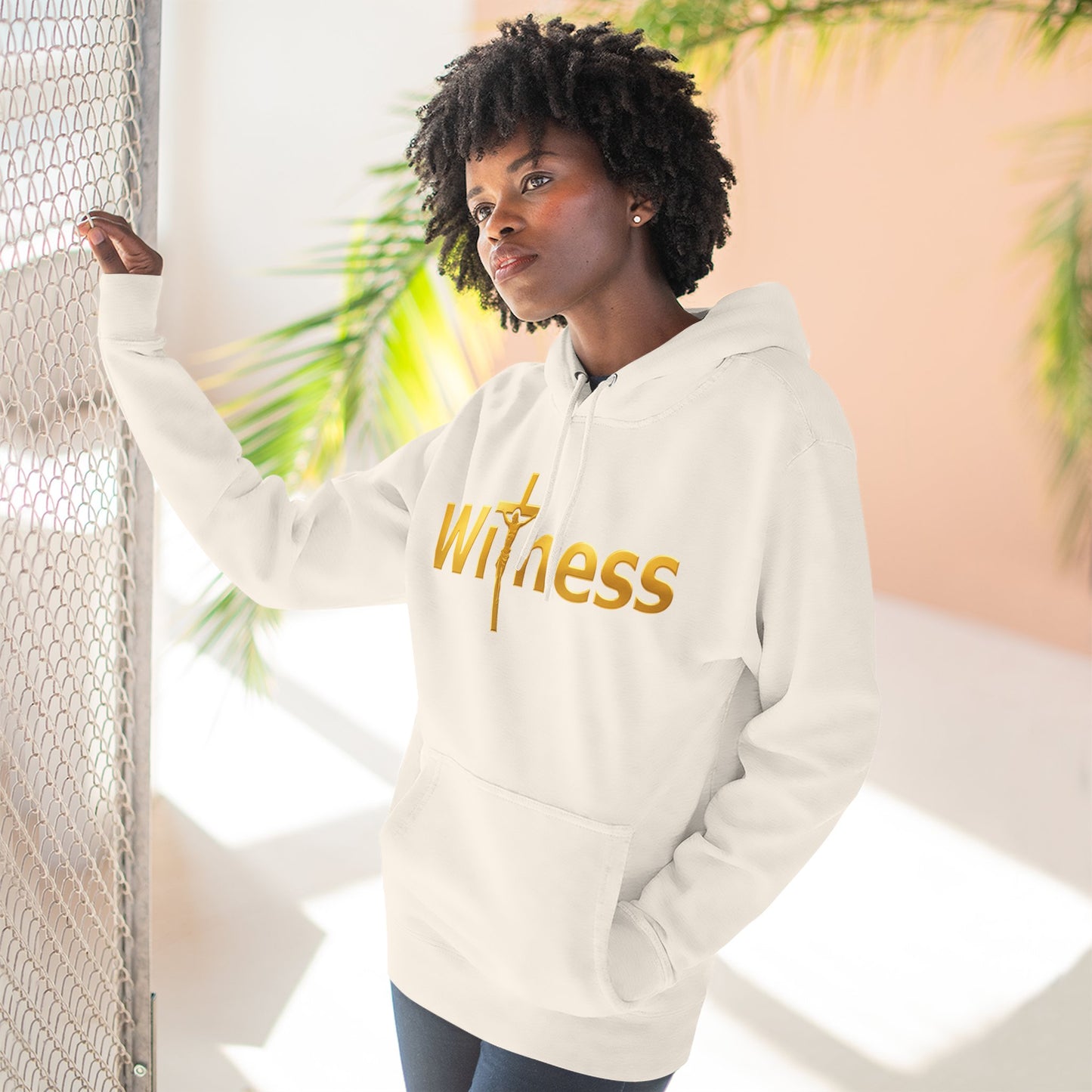 Christian hoodie with gold Witness lettering and cross, white pullover