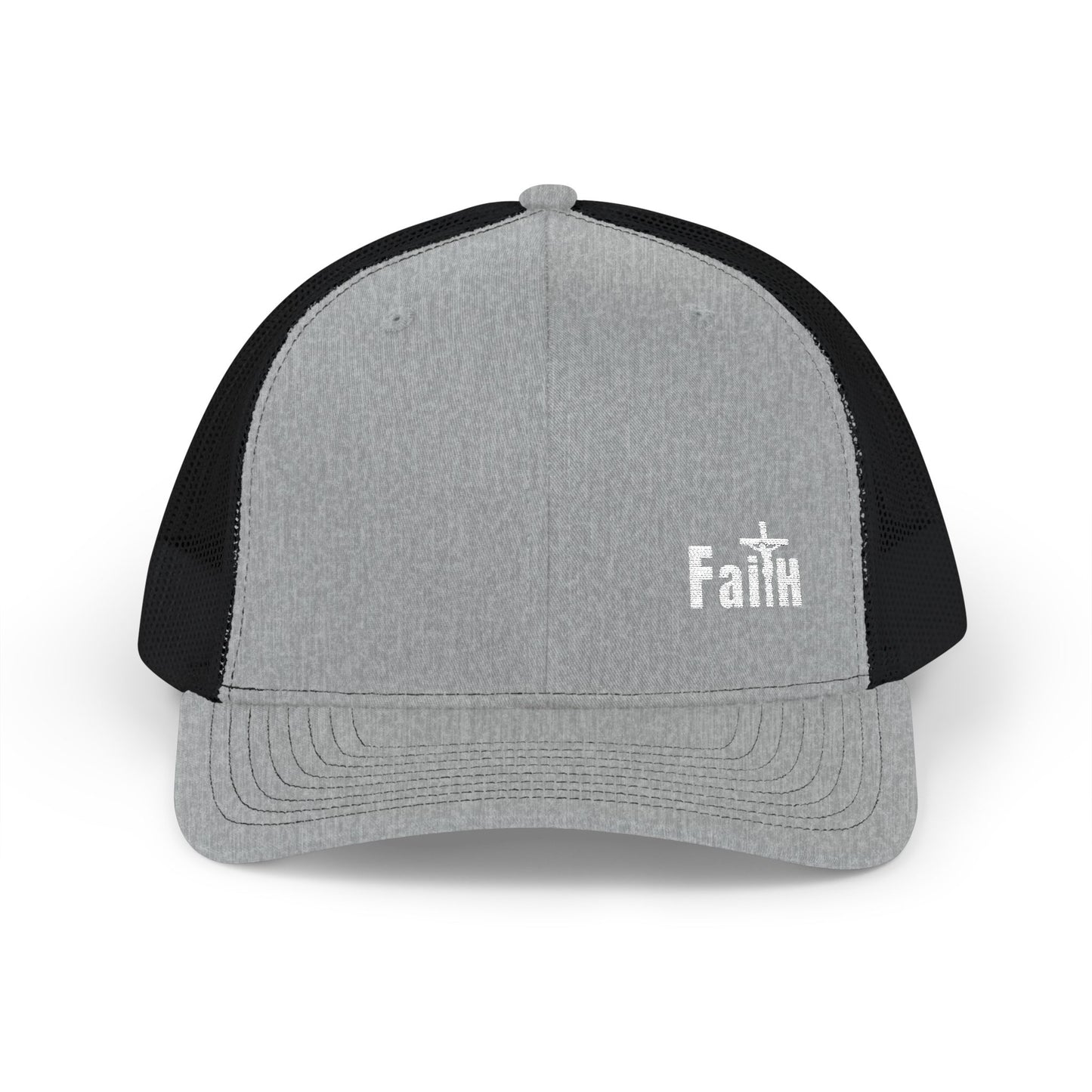 Heather grey/black trucker cap with embroidered cross and Faith