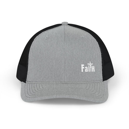 Heather grey/black trucker cap with embroidered cross and Faith