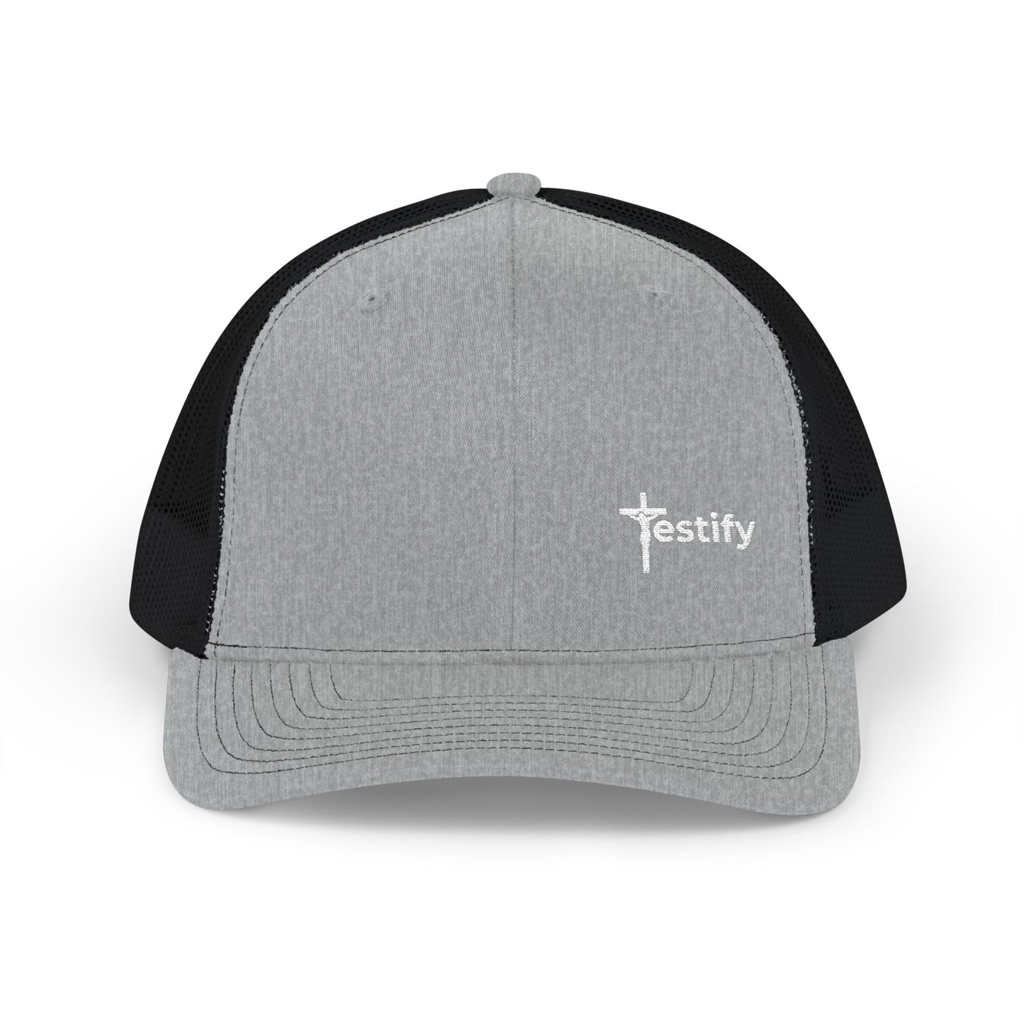 Heather gray cross trucker snapback cap with curved brim and front logo