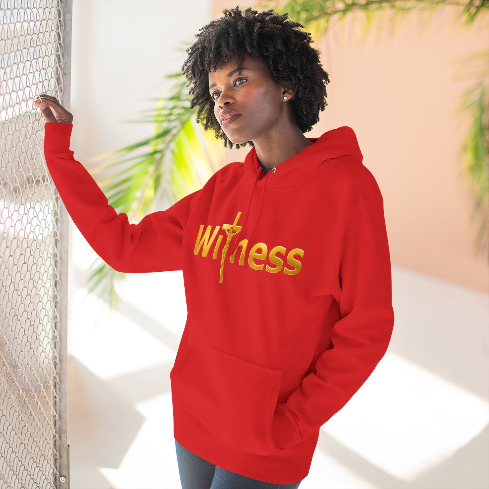Christian hoodie with gold Witness lettering and cross, red pullover