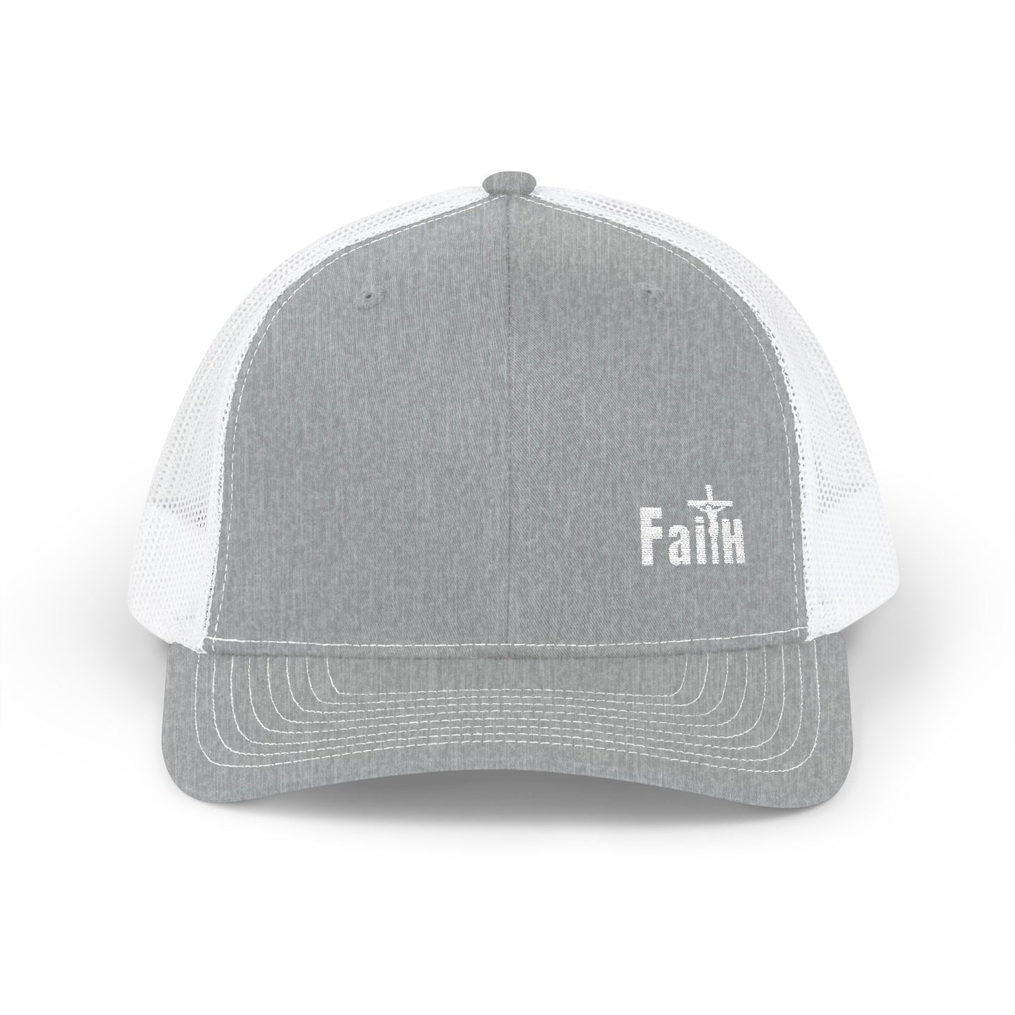 Heather grey and white trucker cap with embroidered cross and Faith