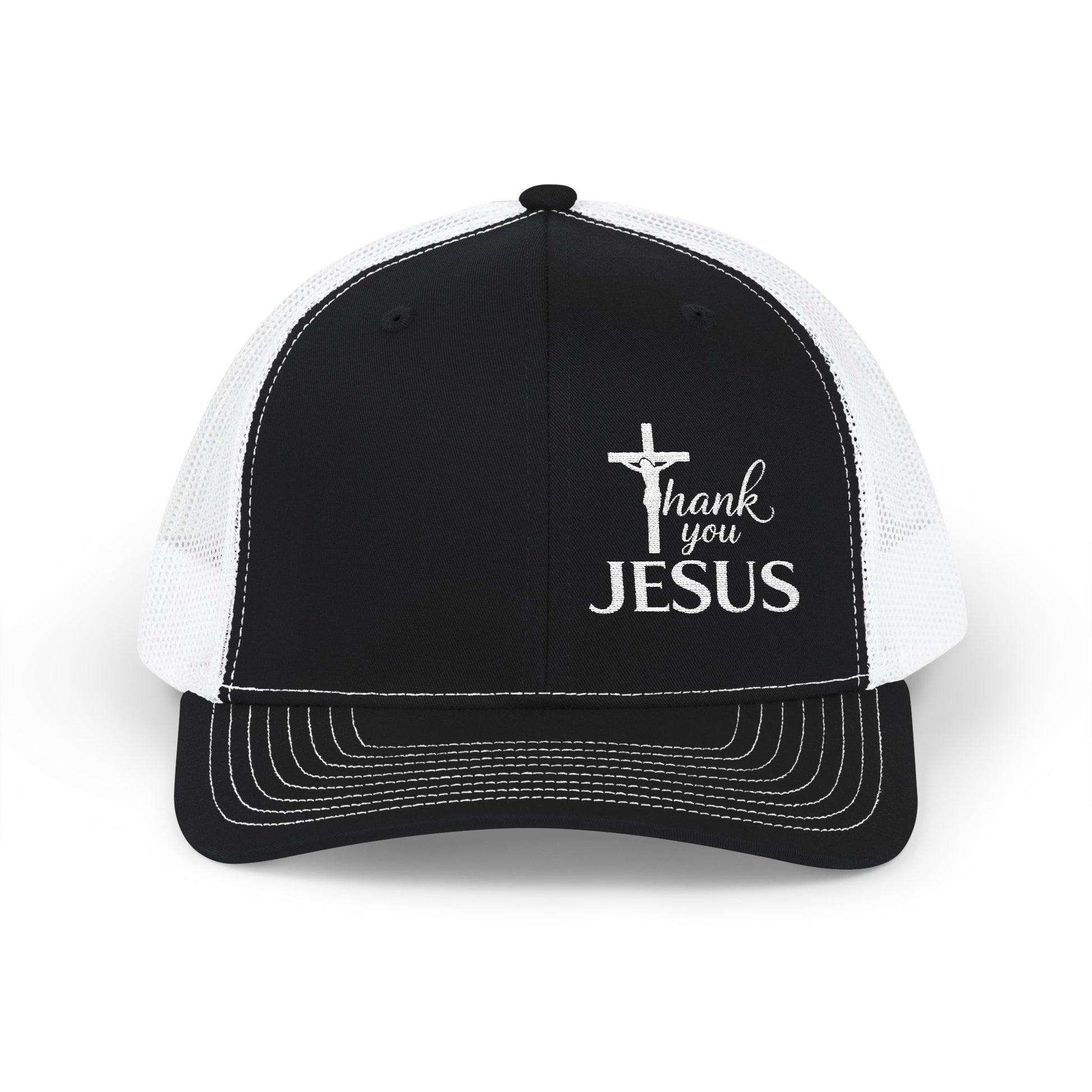 Black trucker snapback cap with white mesh sides and “Thank you Jesus” graphic