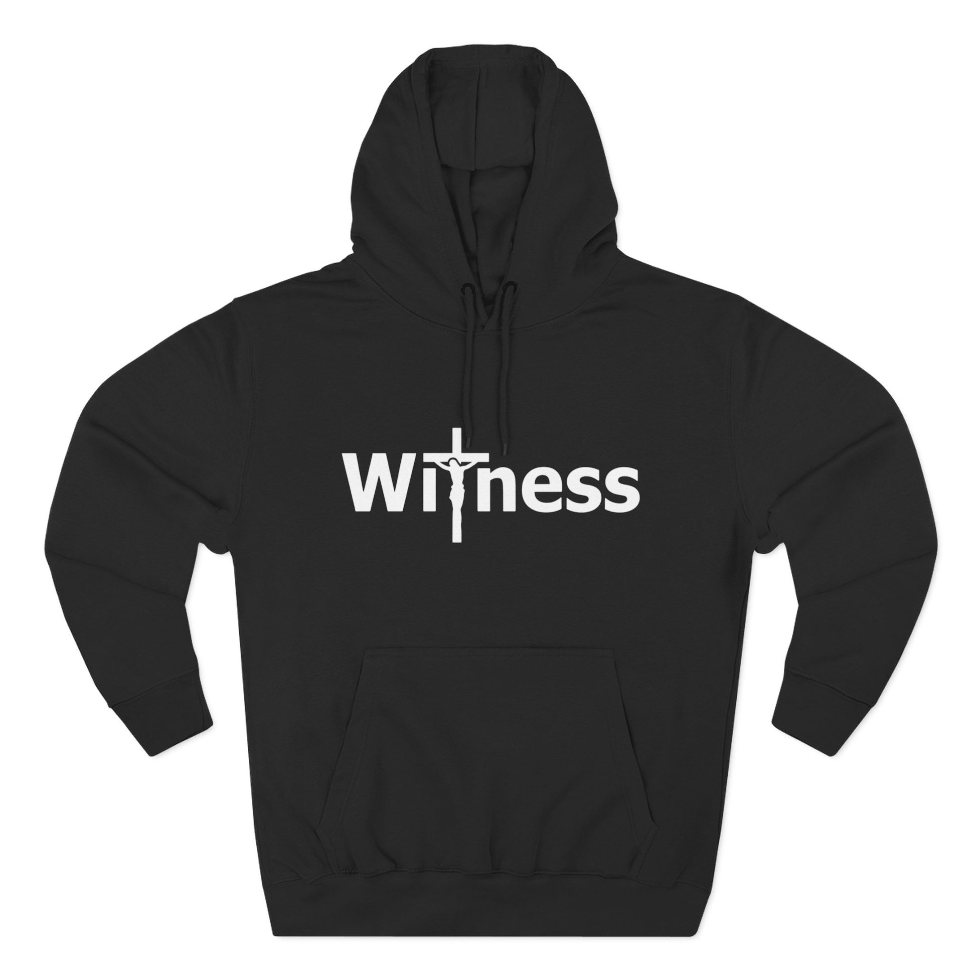 Black hoodie with hood and front “Witness” cross logo