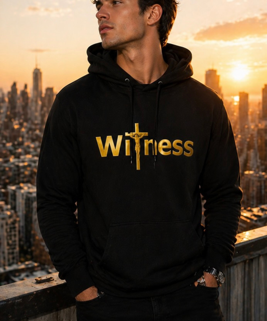 Black pullover hoodie with gold “Witness” print and cross emblem, front kangaroo pocket.