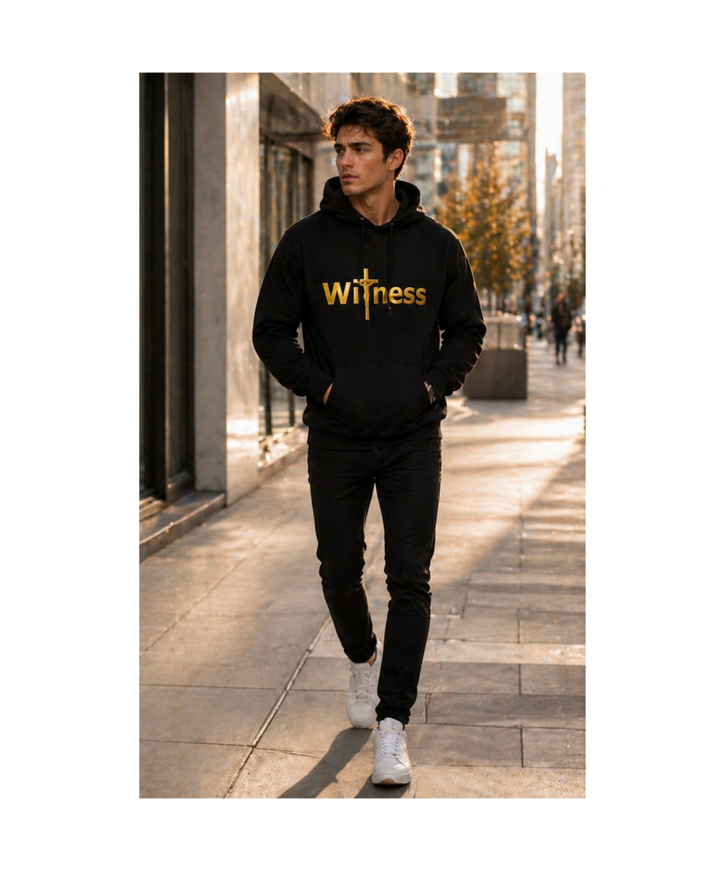 Black pullover hoodie with gold “Witness” print and cross emblem, front pocket and hood.