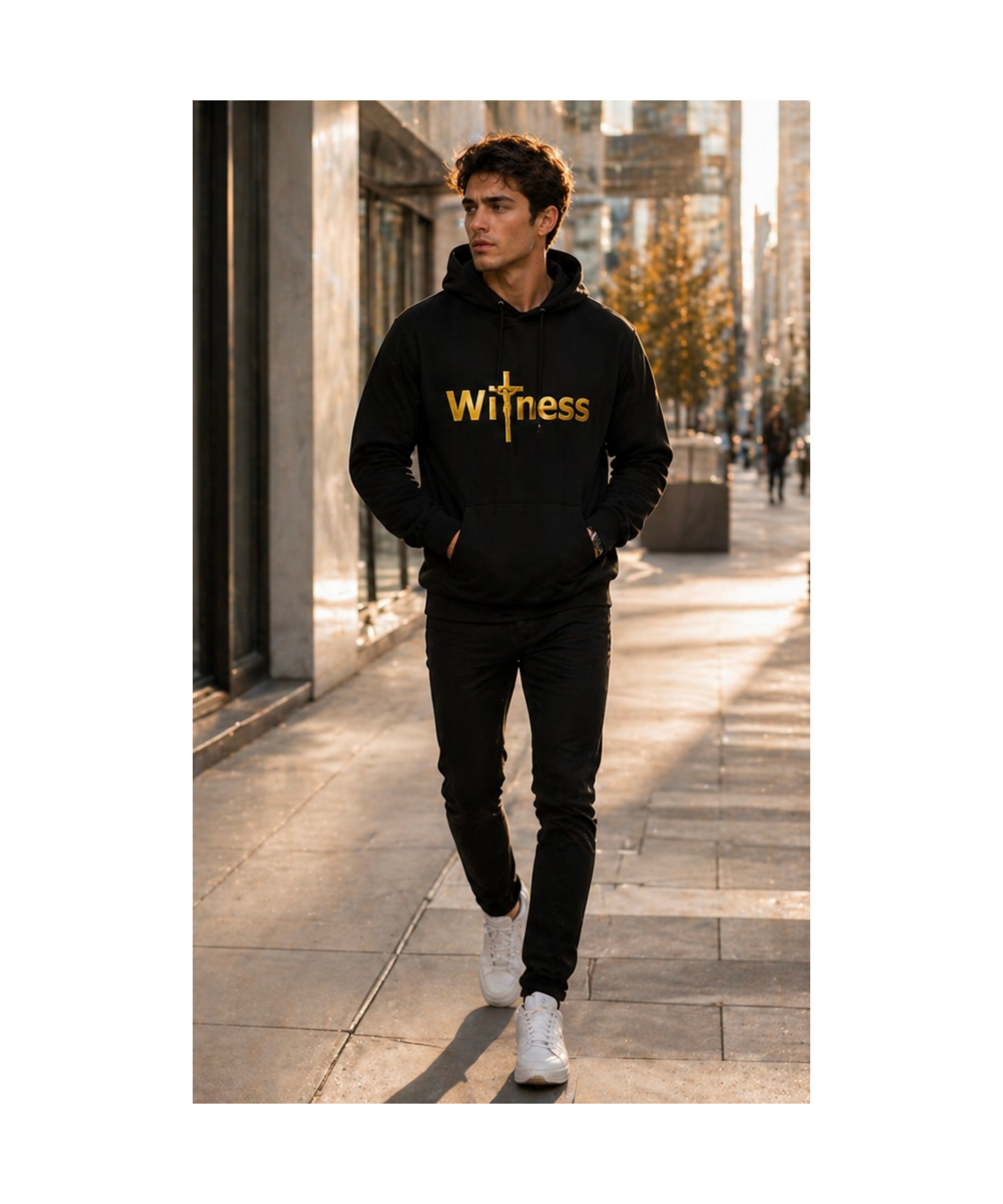 Black pullover hoodie with gold “Witness” print and cross emblem, front pocket and hood.