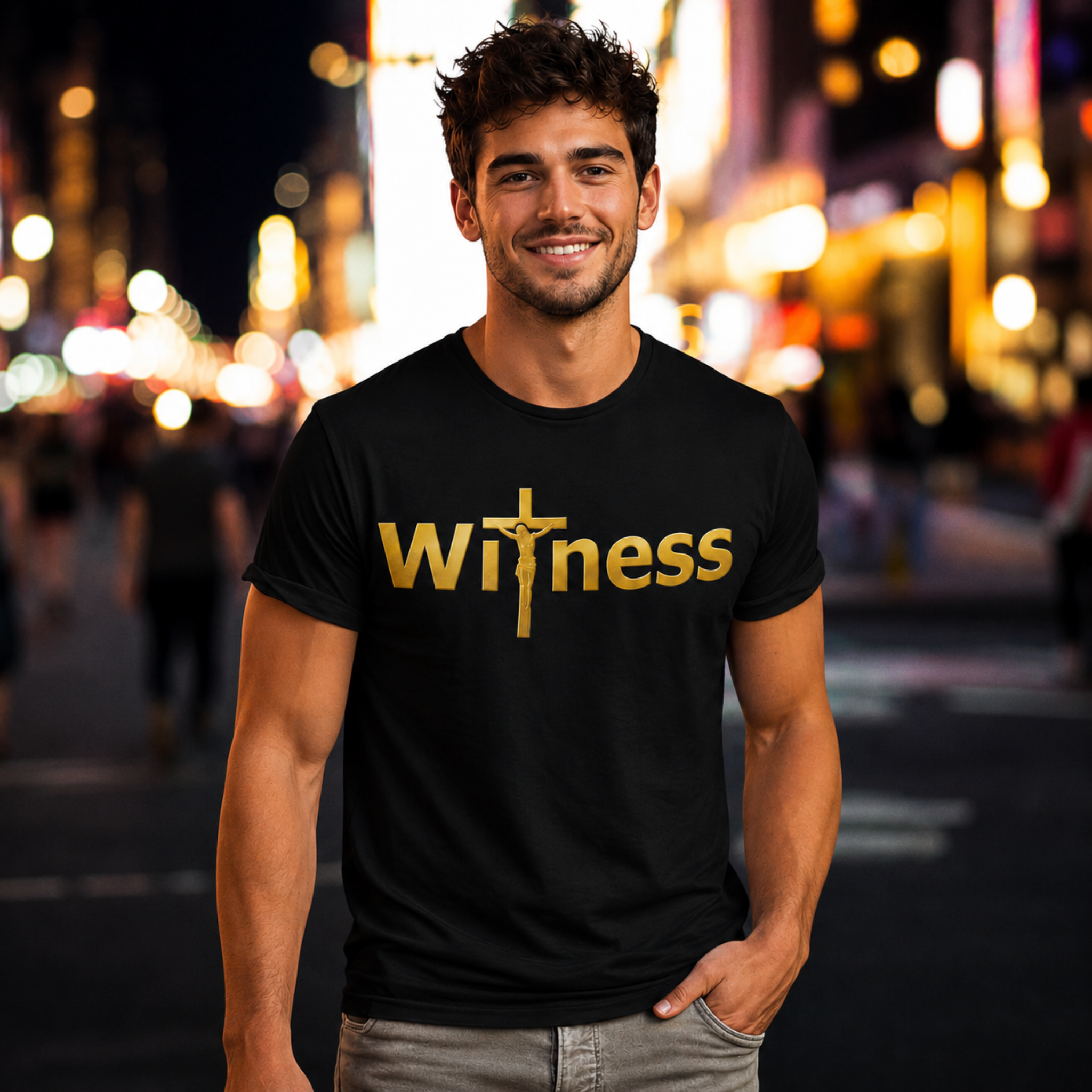 Black T-shirt with gold Witness logo and cross graphic on the front