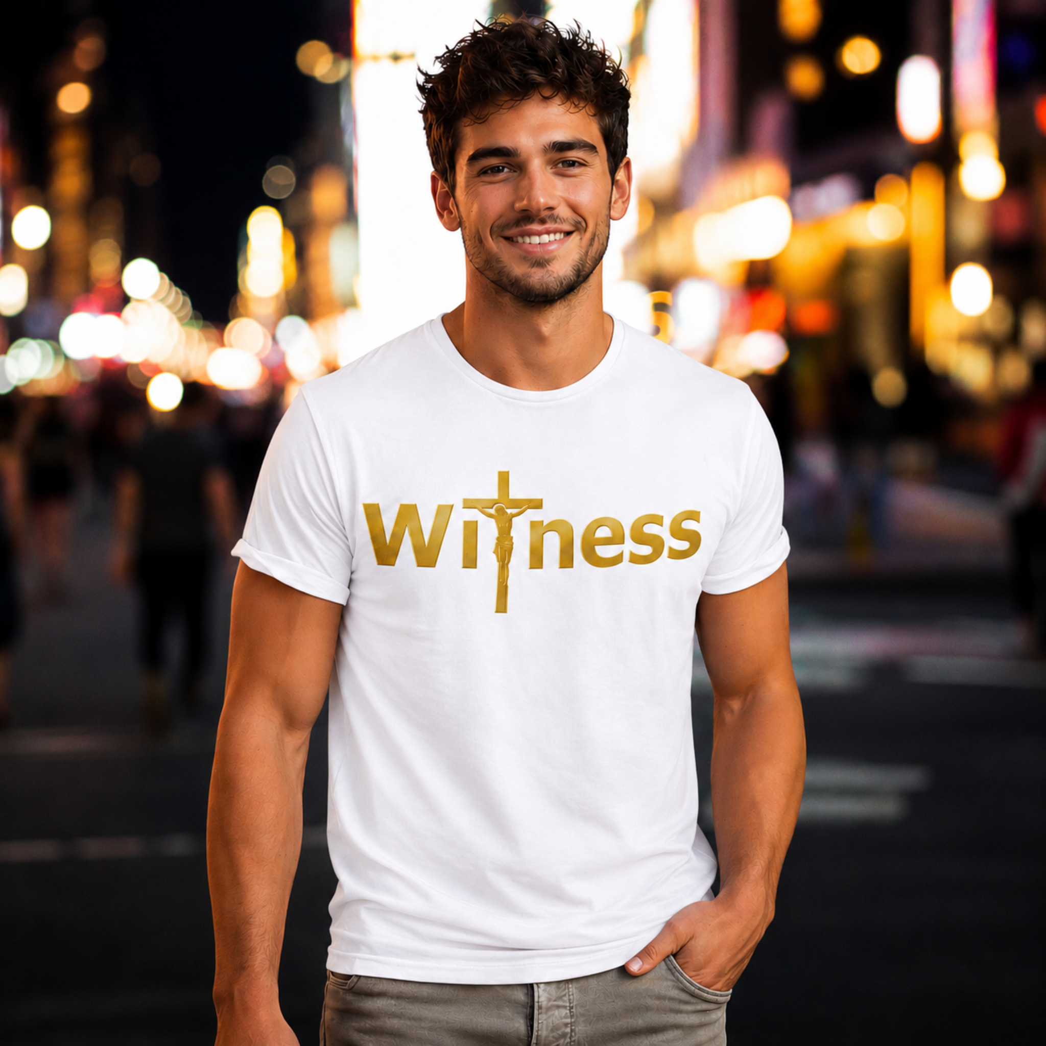 White T-shirt with gold Witness logo and cross graphic on the front