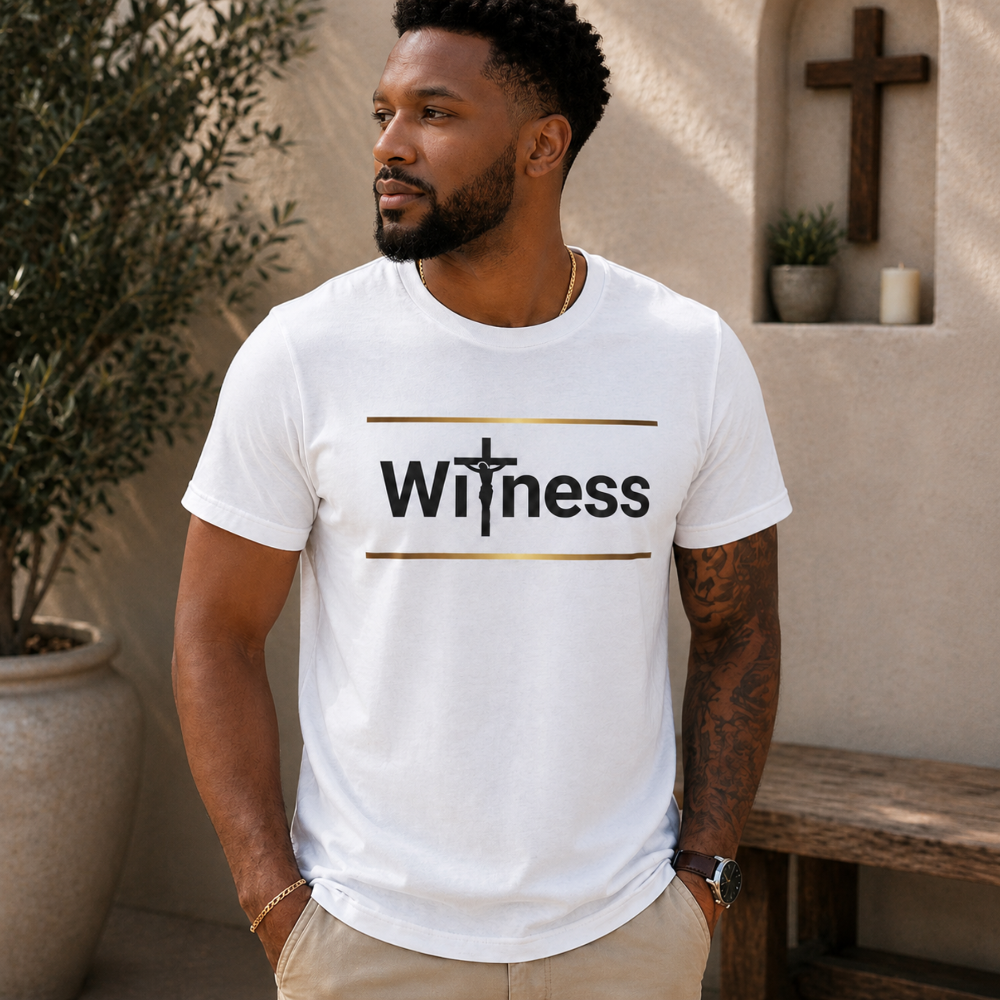 White T-shirt showing gold stripes and Witness cross emblem on front