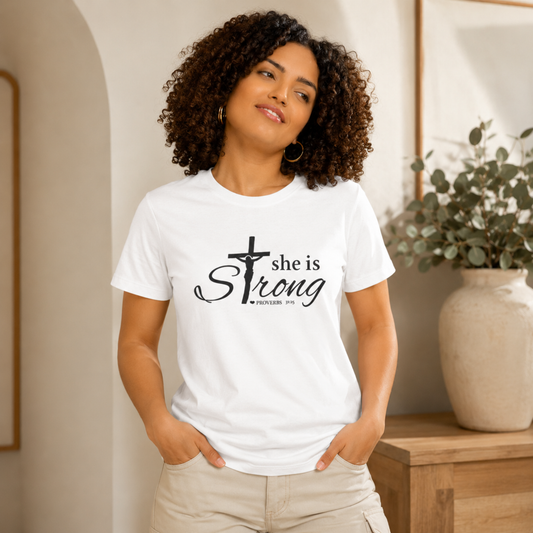 White Christian faith T-shirt with black cross and she is strong front graphic.