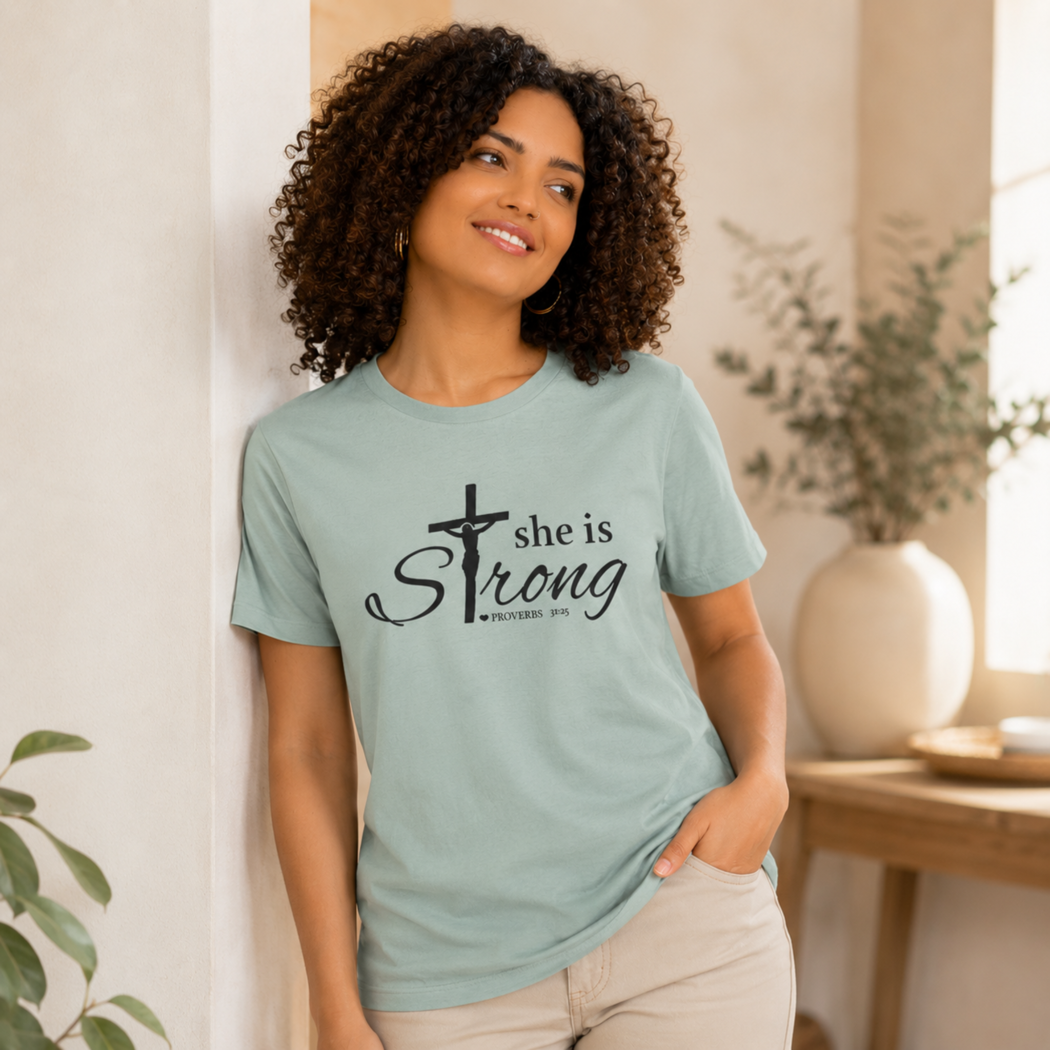 Teal Christian faith T-shirt with black cross and she is strong centered front.