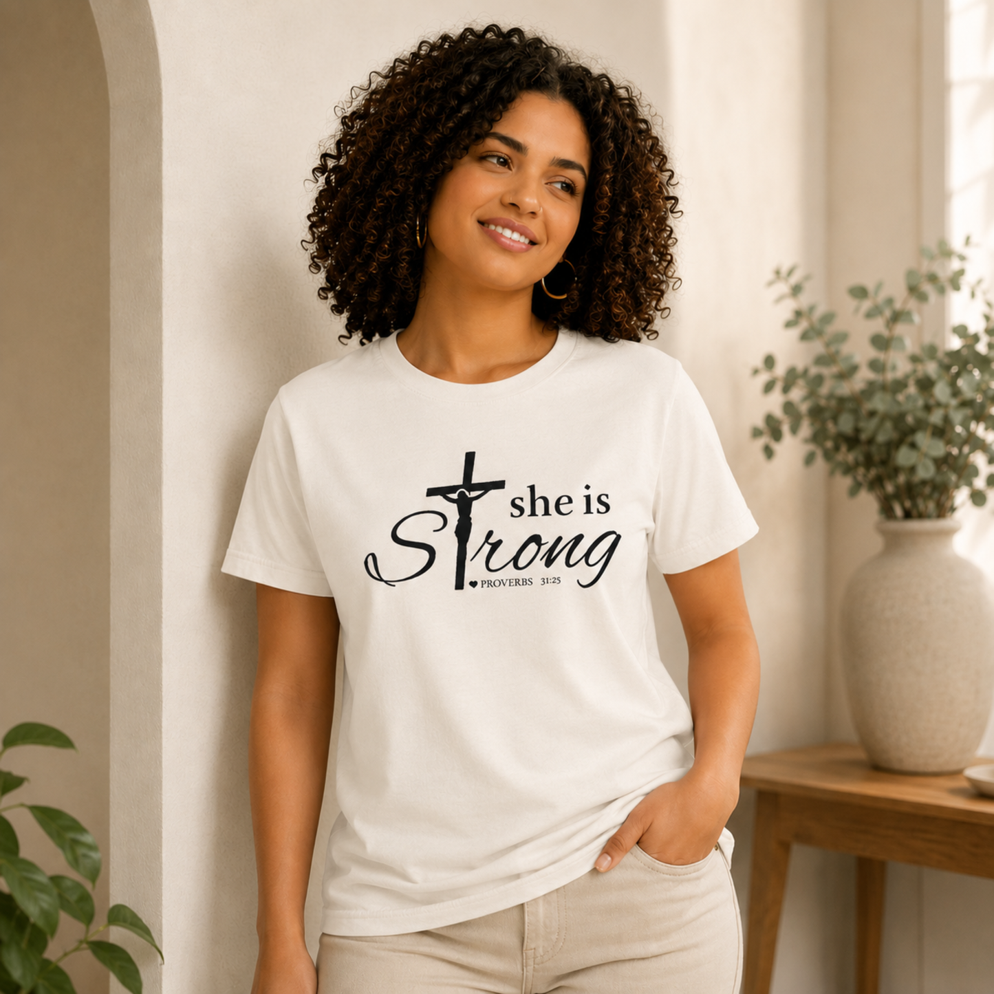 White Christian faith T-shirt, front graphic shows black cross and she is strong.