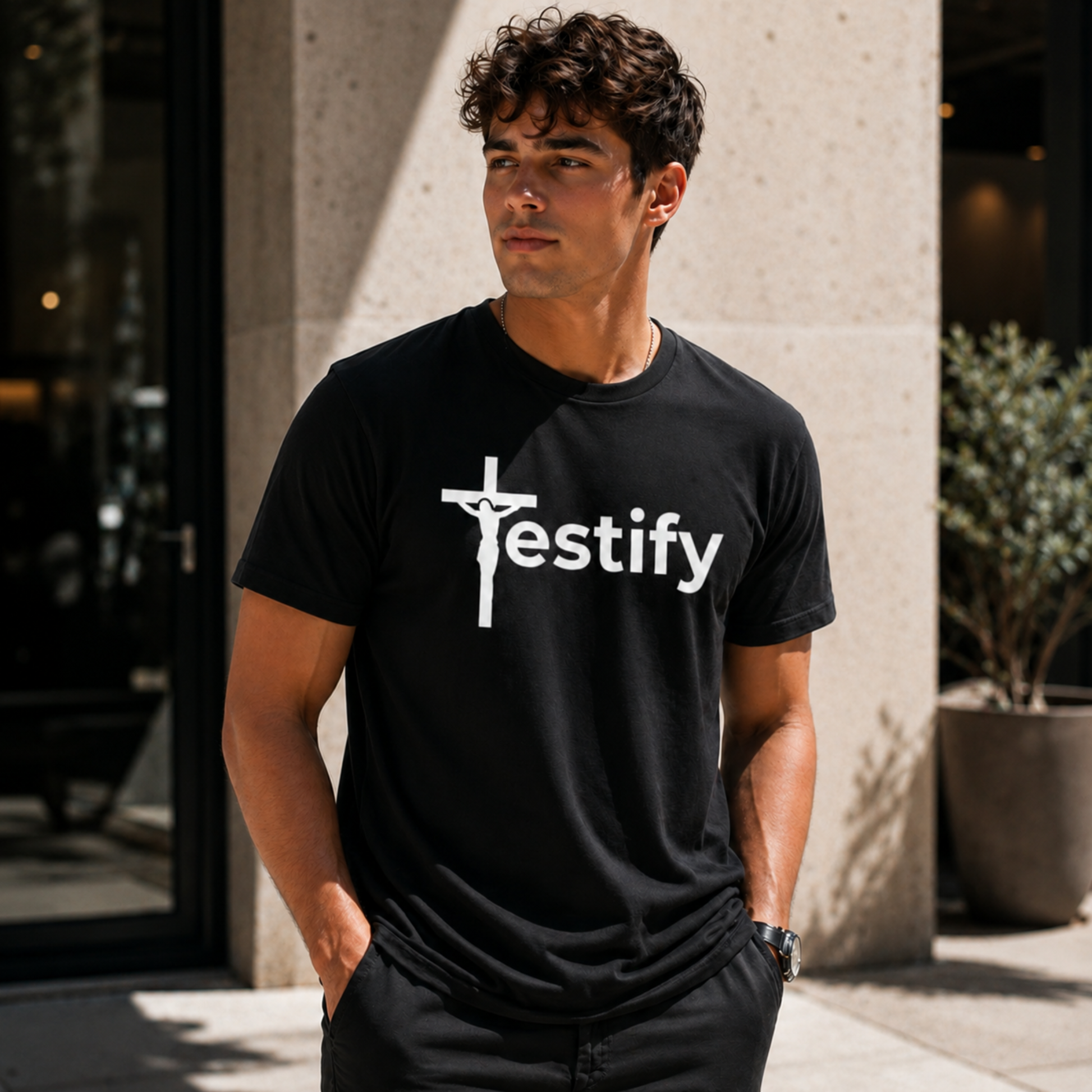 Black crew-neck T-shirt with white cross and Testify front print
