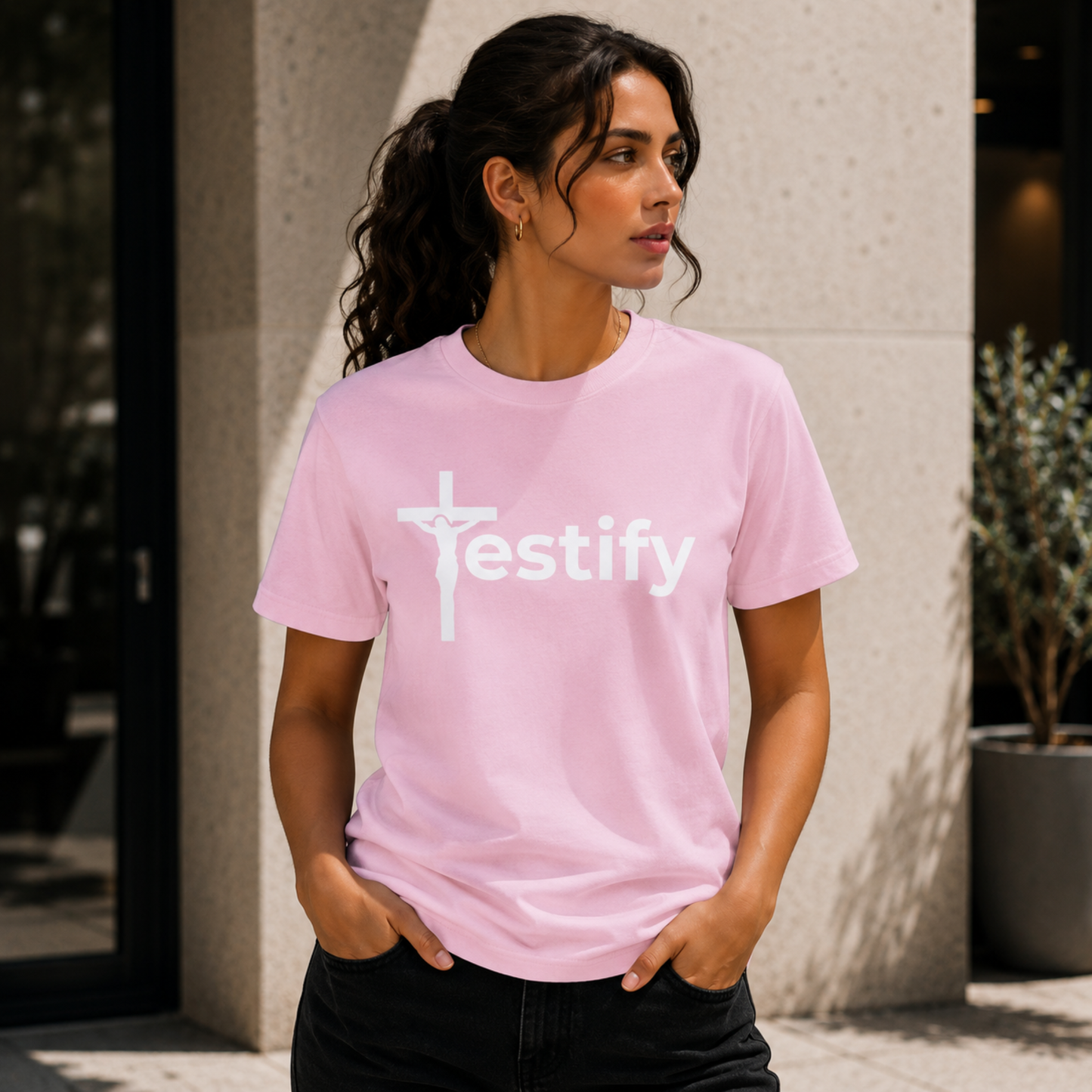 Blossom crew-neck T-shirt with white cross and Testify front print