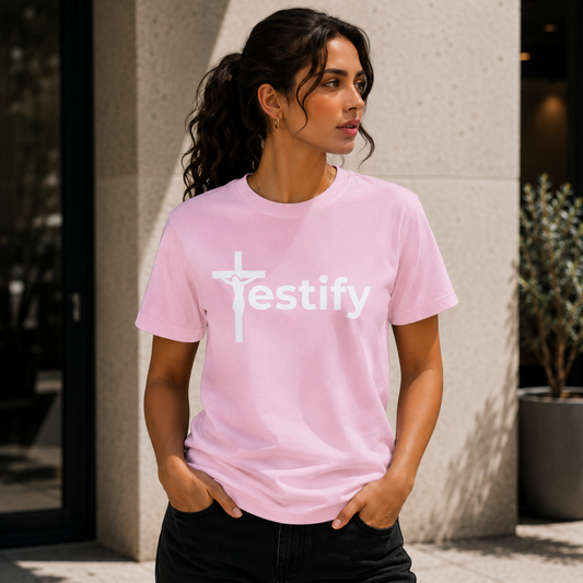 Blossom crew-neck T-shirt with white cross and Testify front print