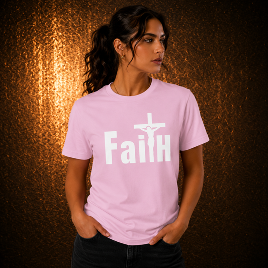 Lavender faith graphic t-shirt with white cross and "Faith" text