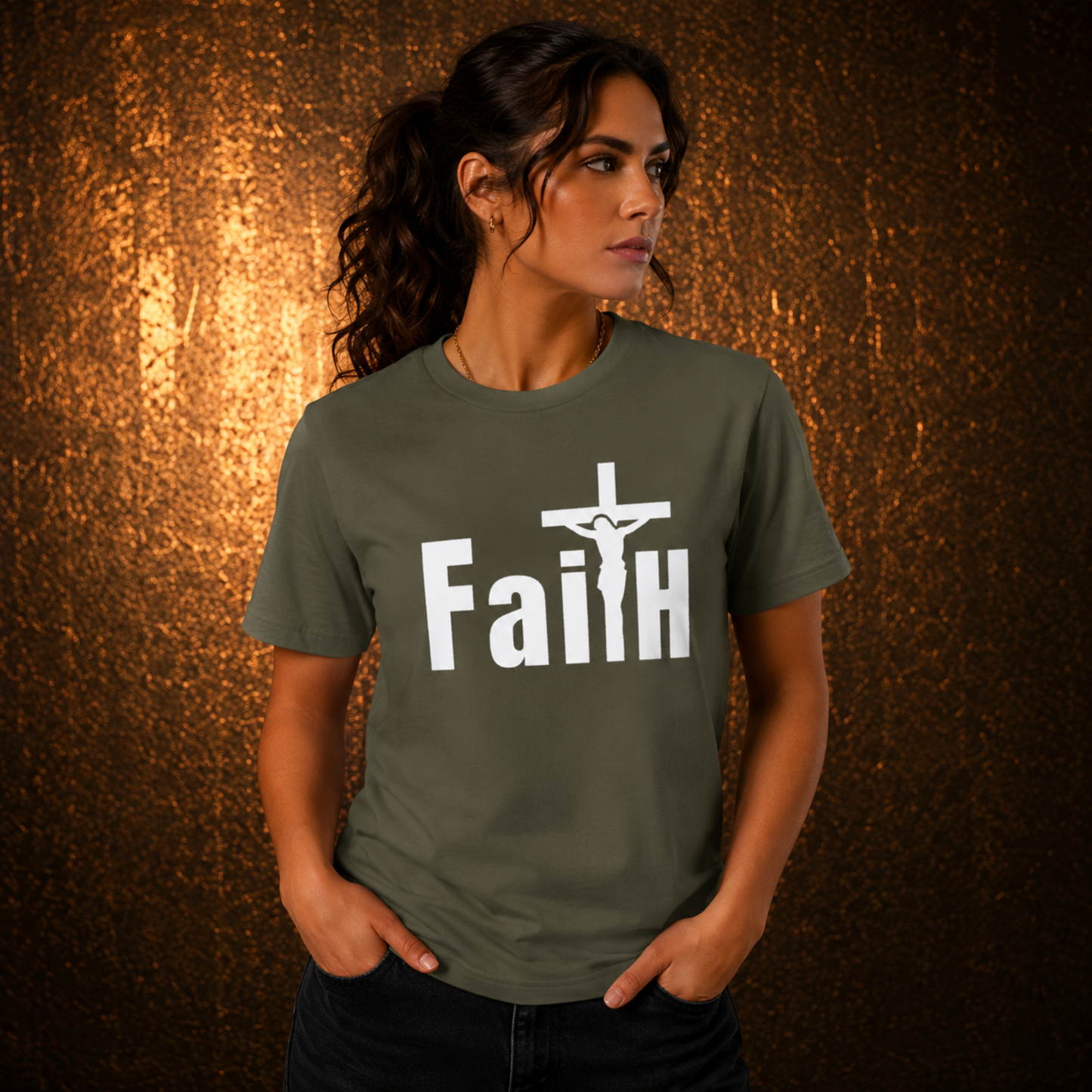 Charcoal green faith graphic t-shirt with white cross and "Faith" text
