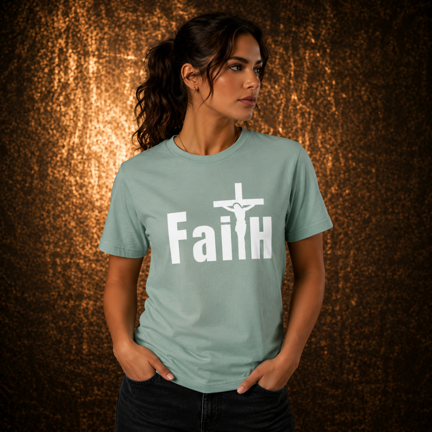 Teal faith graphic t-shirt with white cross and "Faith" text
