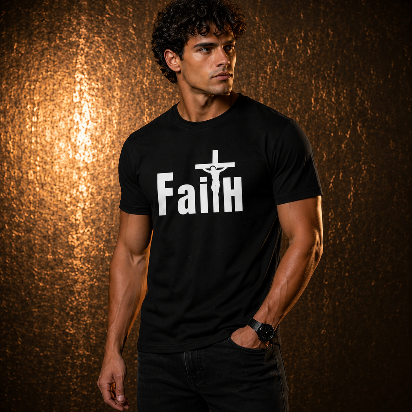 Black faith graphic t-shirt with white cross and "Faith" text