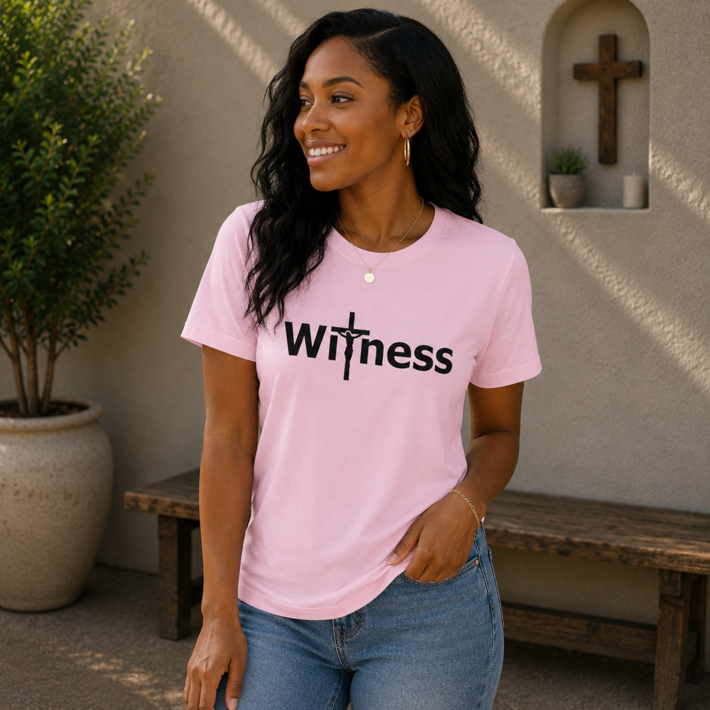 Witness T-shirt in pink with "Witness" text and cross graphic on the chest