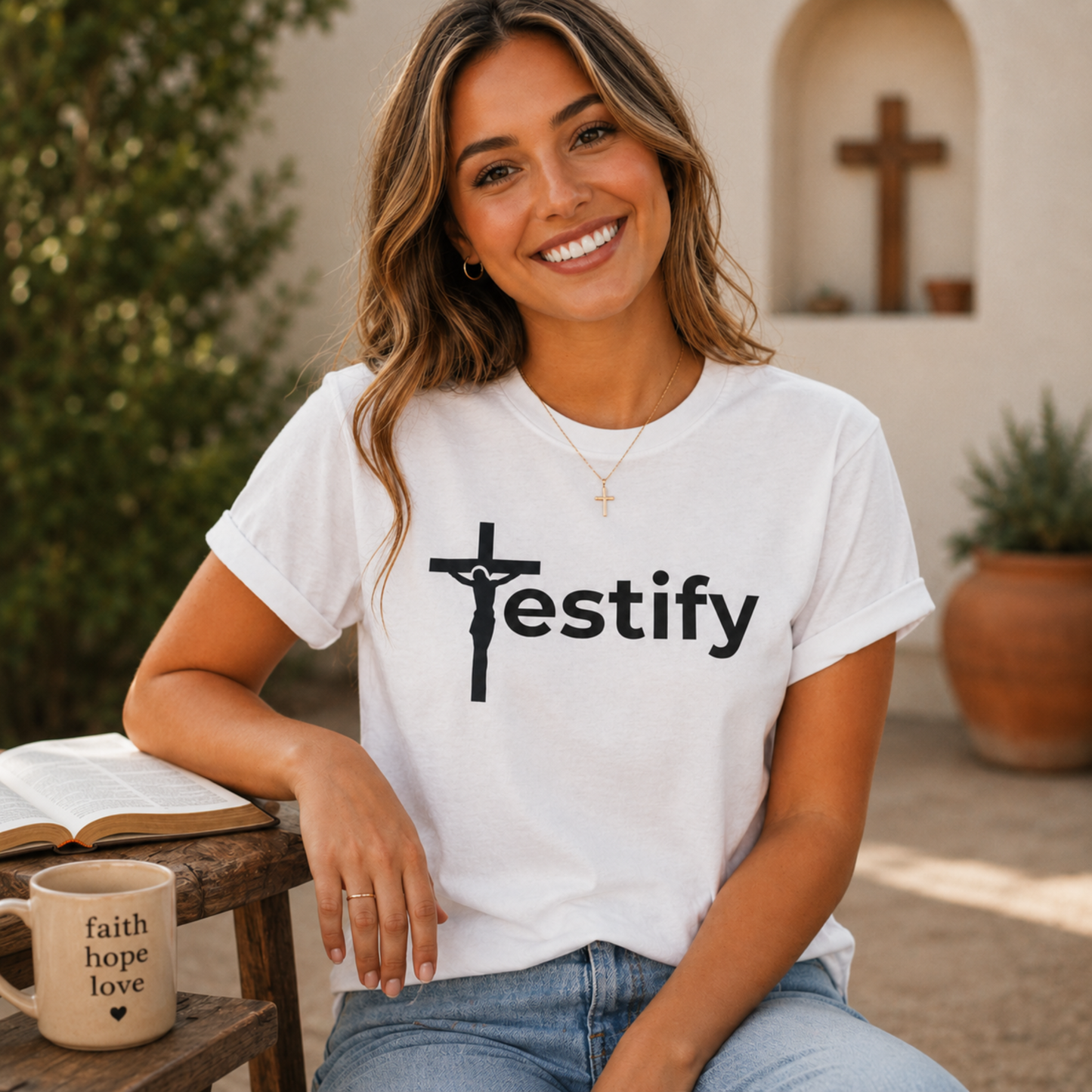 Christian T-shirt in white with black cross and “Testify” front graphic.