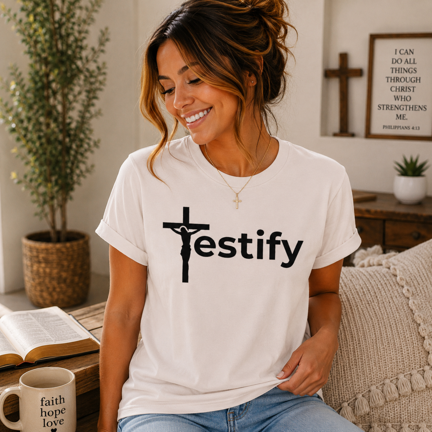 White Christian T-shirt with black cross and “Testify” chest graphic.