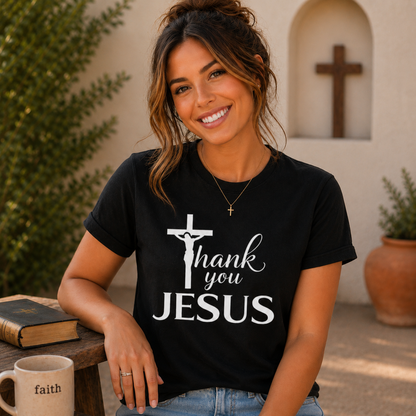 Black Christian T-shirt with cross and “Thank you JESUS” front graphic