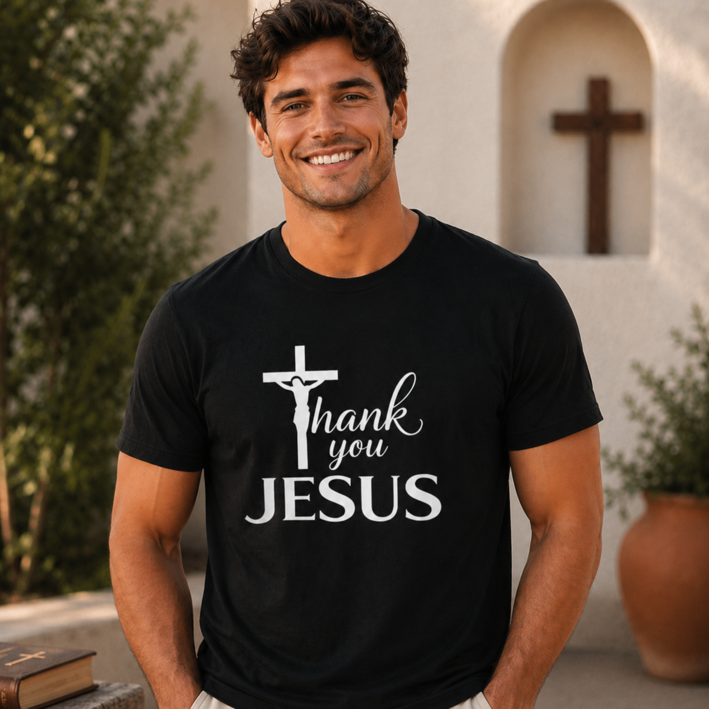 Black Christian T-shirt with cross and “Thank you JESUS” front graphic