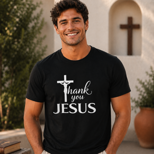 Black Christian T-shirt with cross and “Thank you JESUS” front graphic