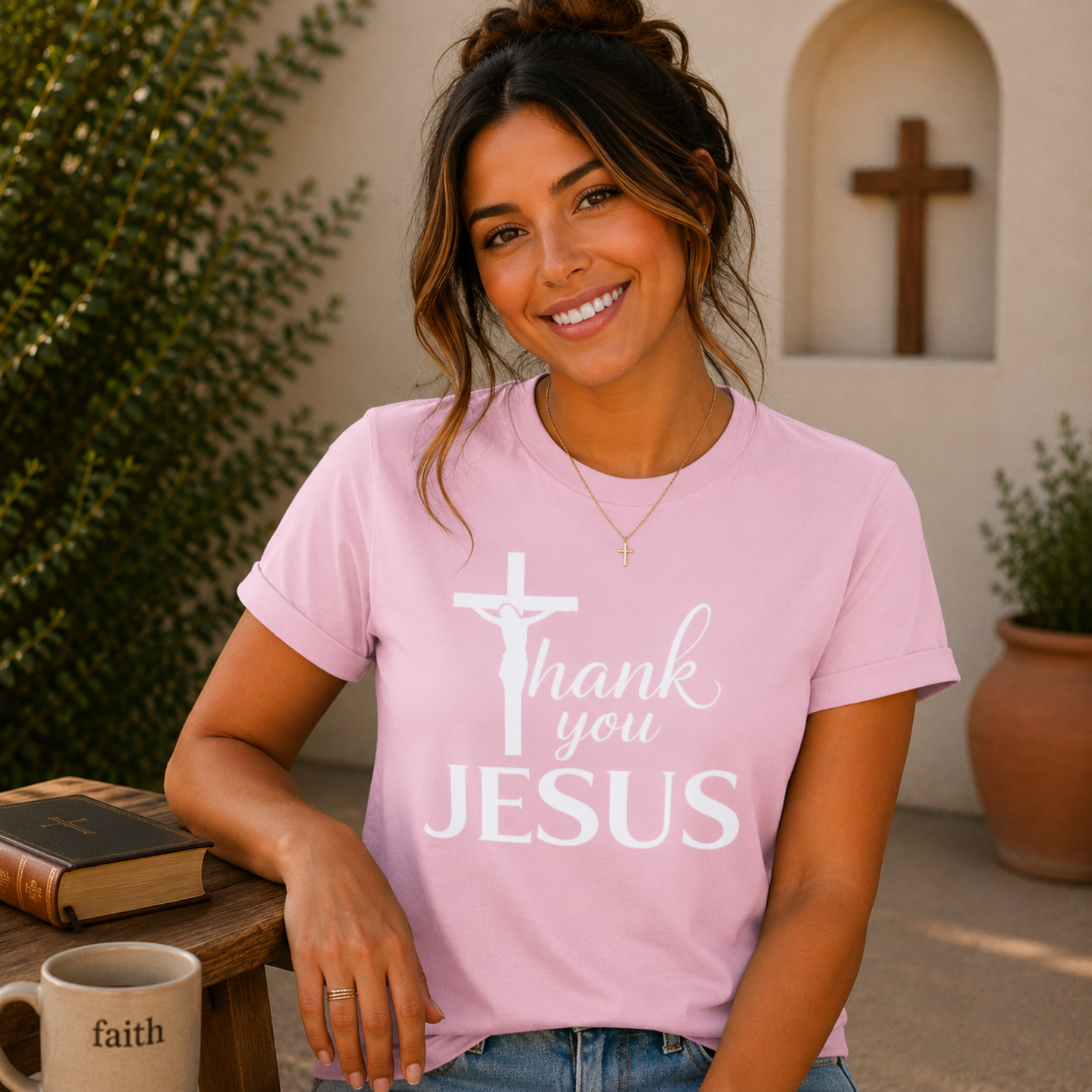 Blossom pink Christian T-shirt with cross and “Thank you JESUS” front graphic