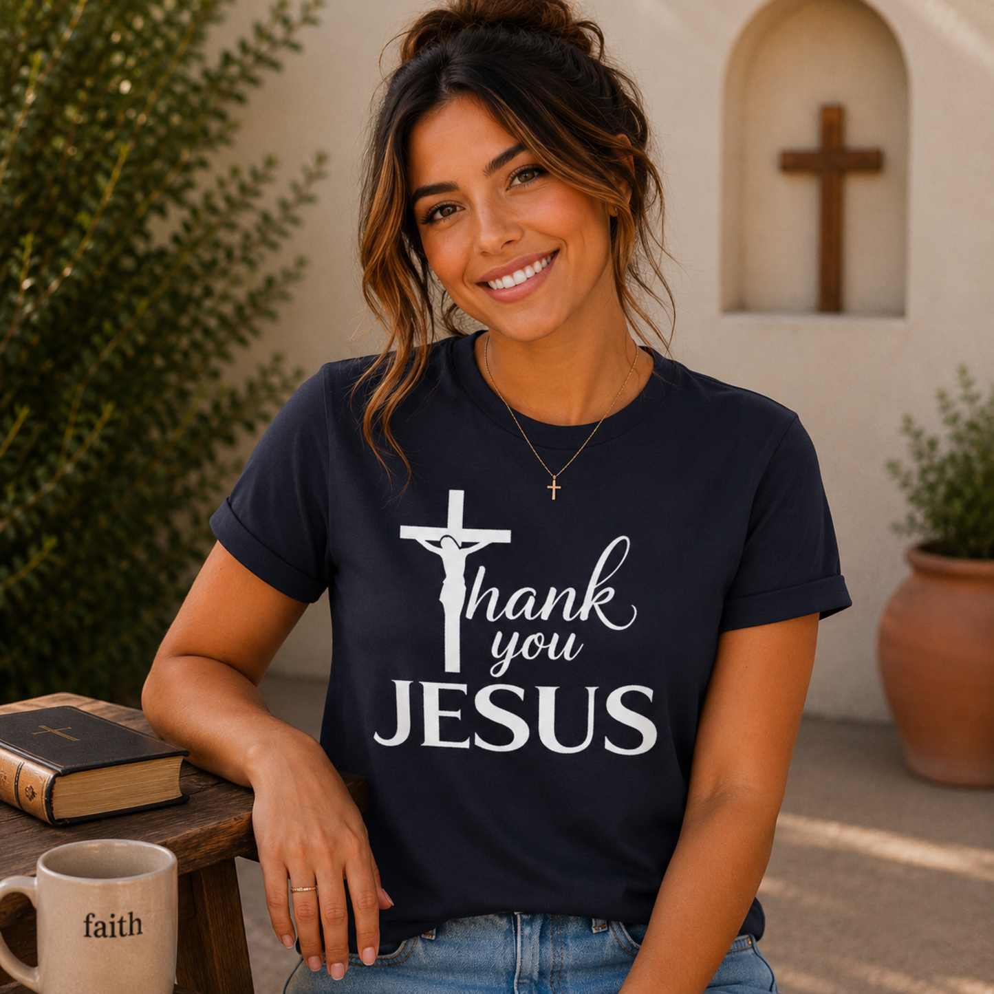 True navy Christian T-shirt with cross and “Thank you JESUS” front graphic