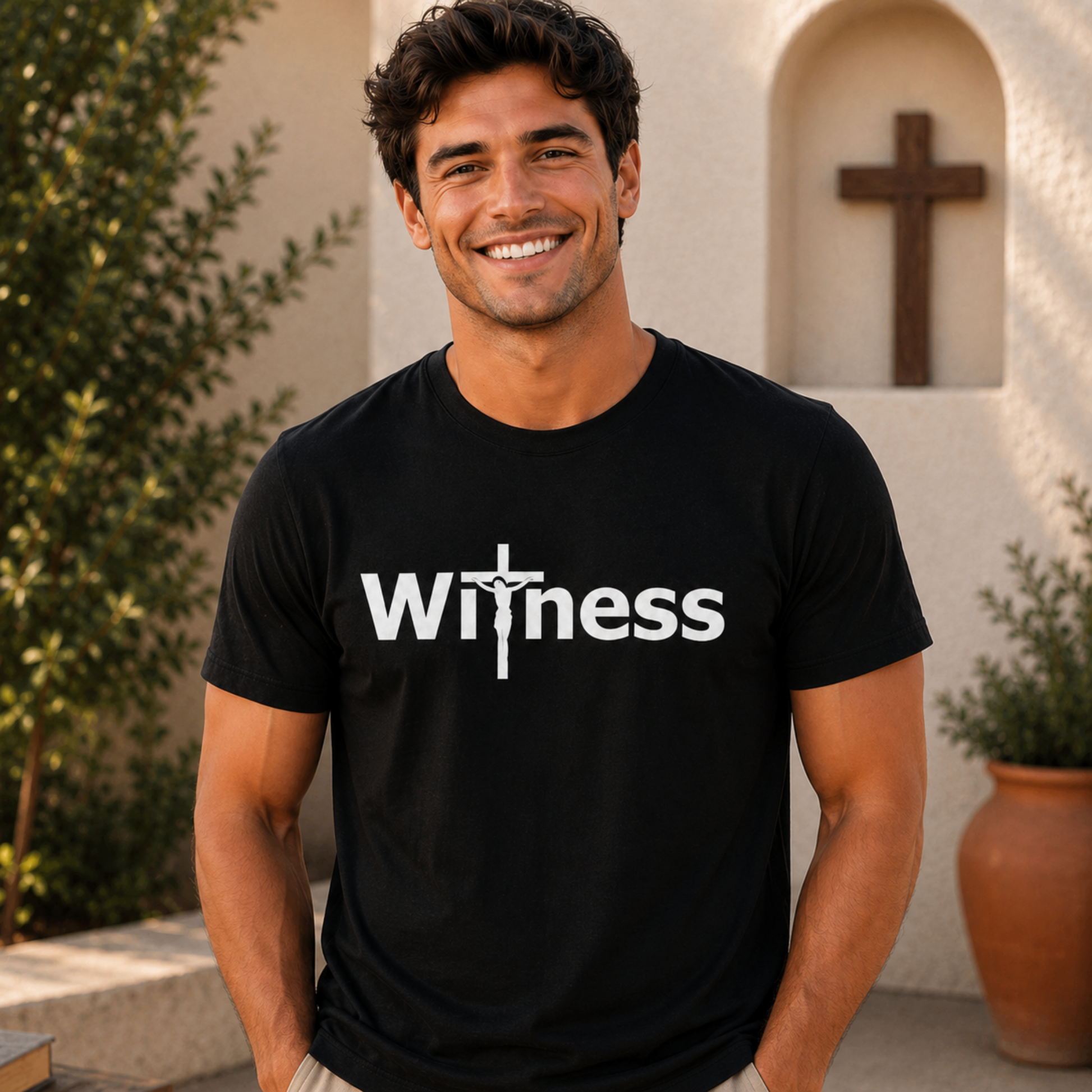 Men's Christian faith T-shirt in black with 'Witness' cross logo