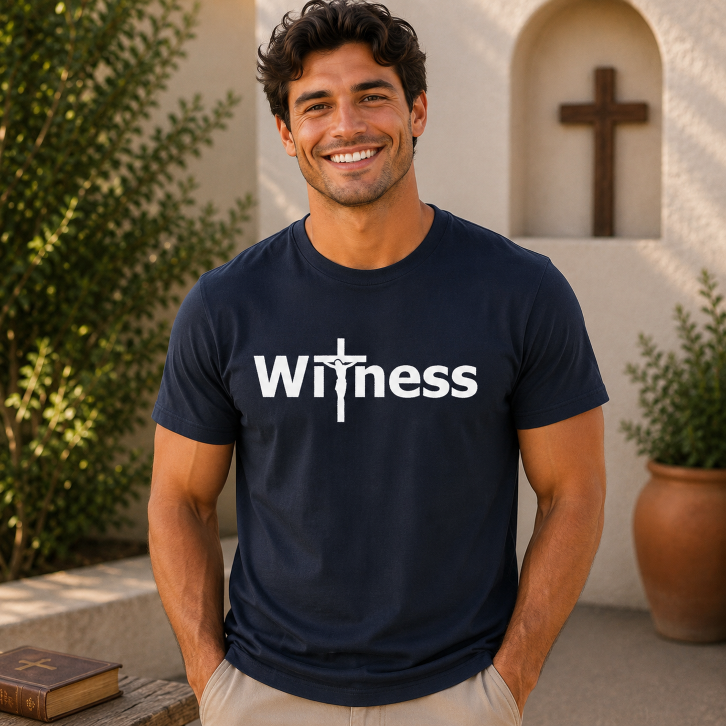 Men's Christian faith T-shirt in true navy with 'Witness' cross logo