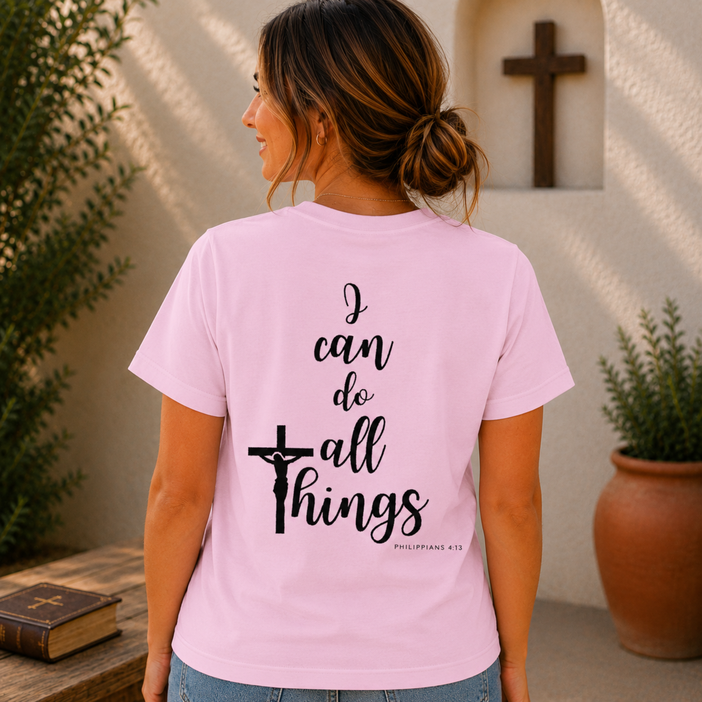 Lavender Christian t-shirt, back graphic cross with “I can do all things”