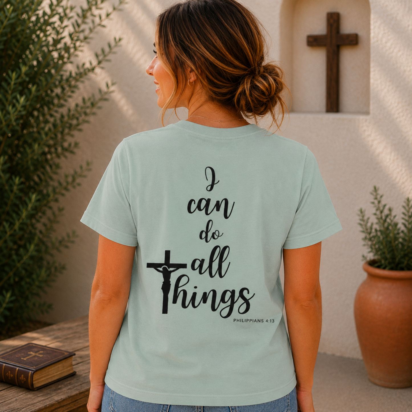 Seafoam Christian t-shirt, back graphic cross with “I can do all things”